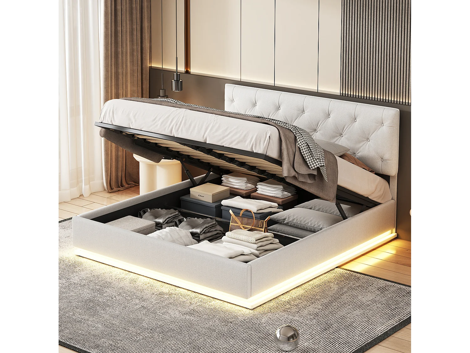 Bett 160 x 200 cm – Stauraum – Lattenrost – LED-Beleuchtung und hochklappbares Kopfteil – Leinen – Beige