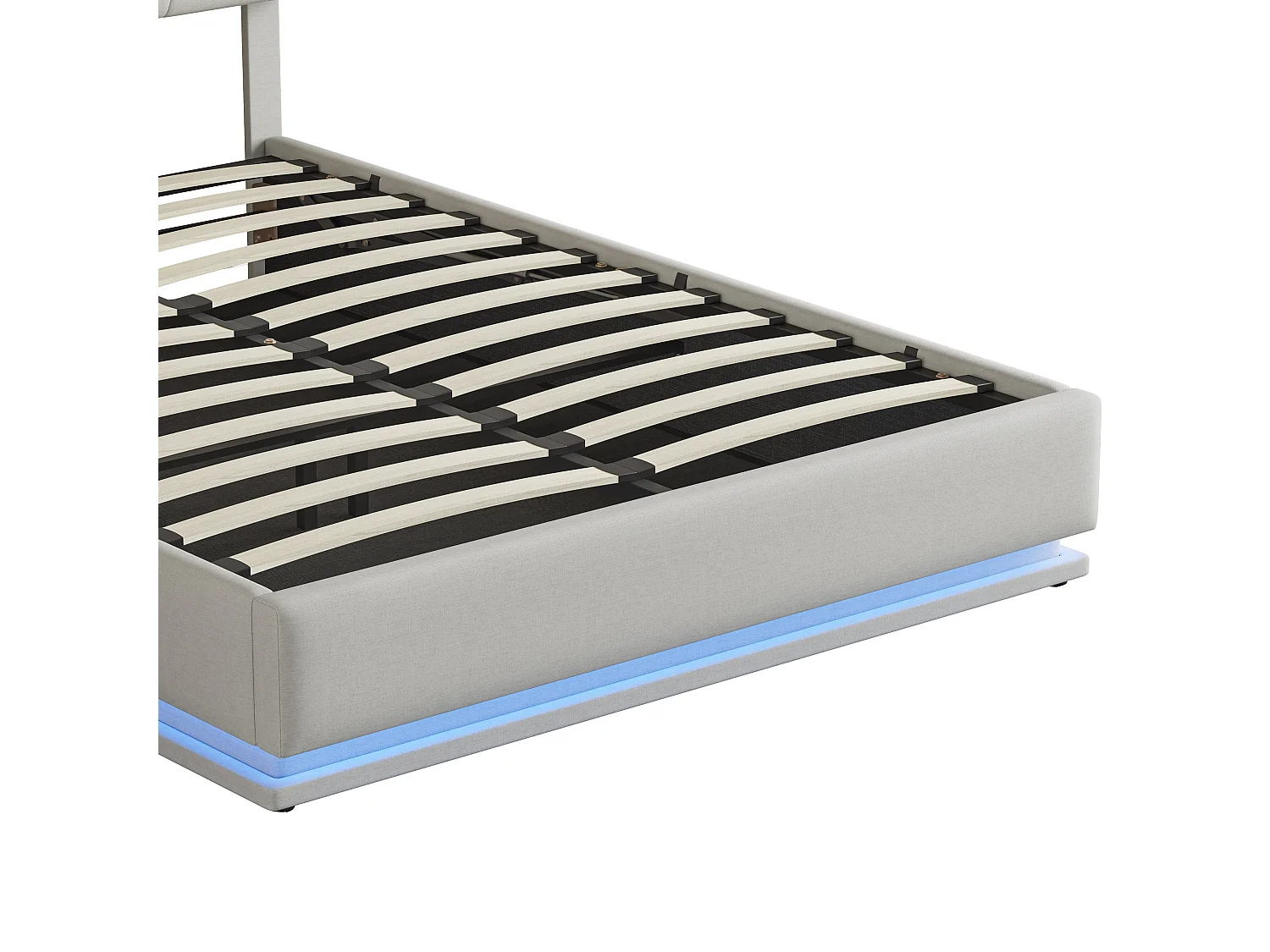 Bett 160 x 200 cm – Stauraum – Lattenrost – LED-Beleuchtung und hochklappbares Kopfteil – Leinen – Beige