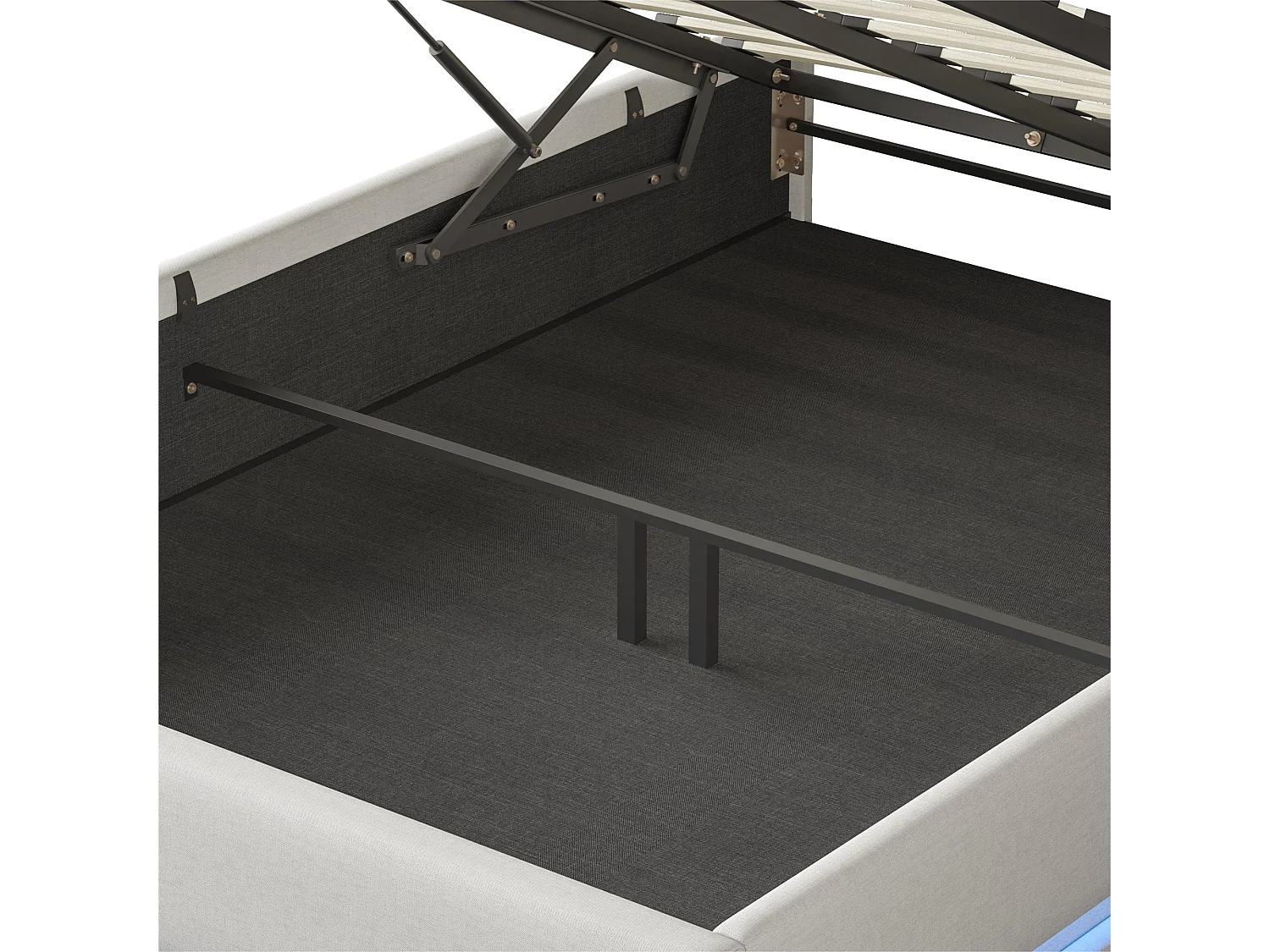 Bett 160 x 200 cm – Stauraum – Lattenrost – LED-Beleuchtung und hochklappbares Kopfteil – Leinen – Beige