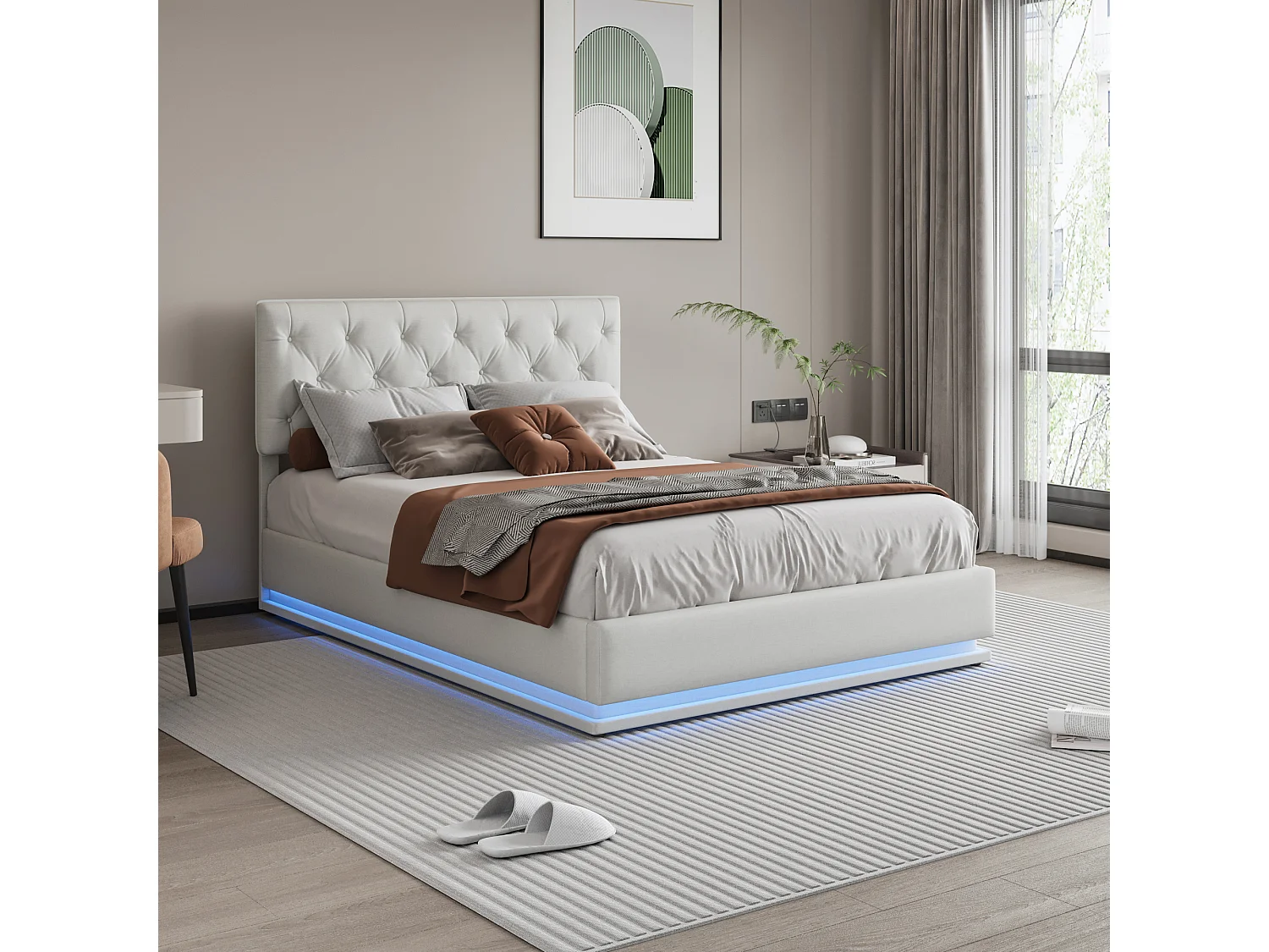 Cama 160x200cm - Espacio de almacenamiento - Somier de láminas - Iluminación LED y cabecero elevable - Lino - Beige