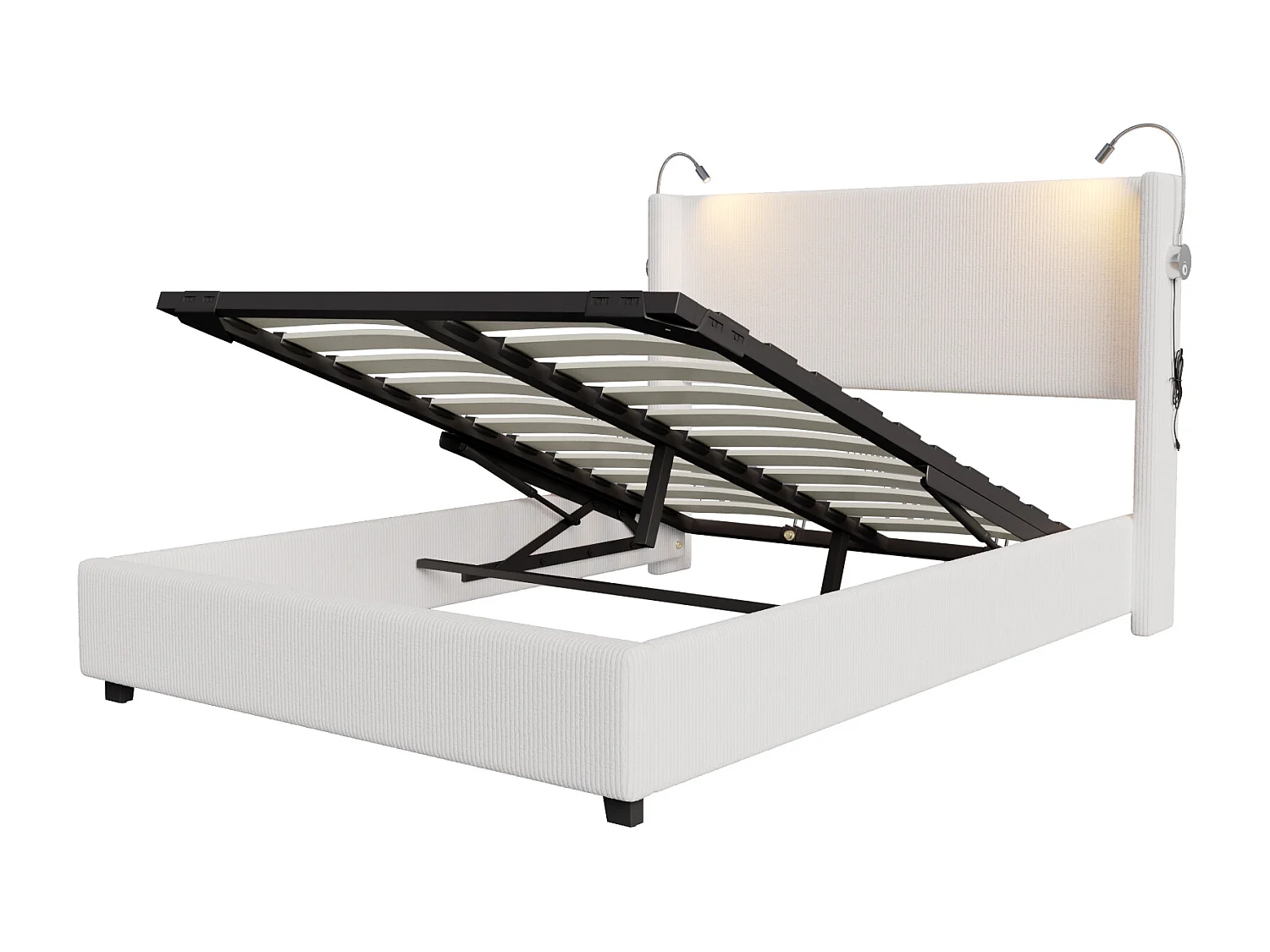 Box cama 140x200cm en tejido de pana - con luces de lectura - con somier - Beige