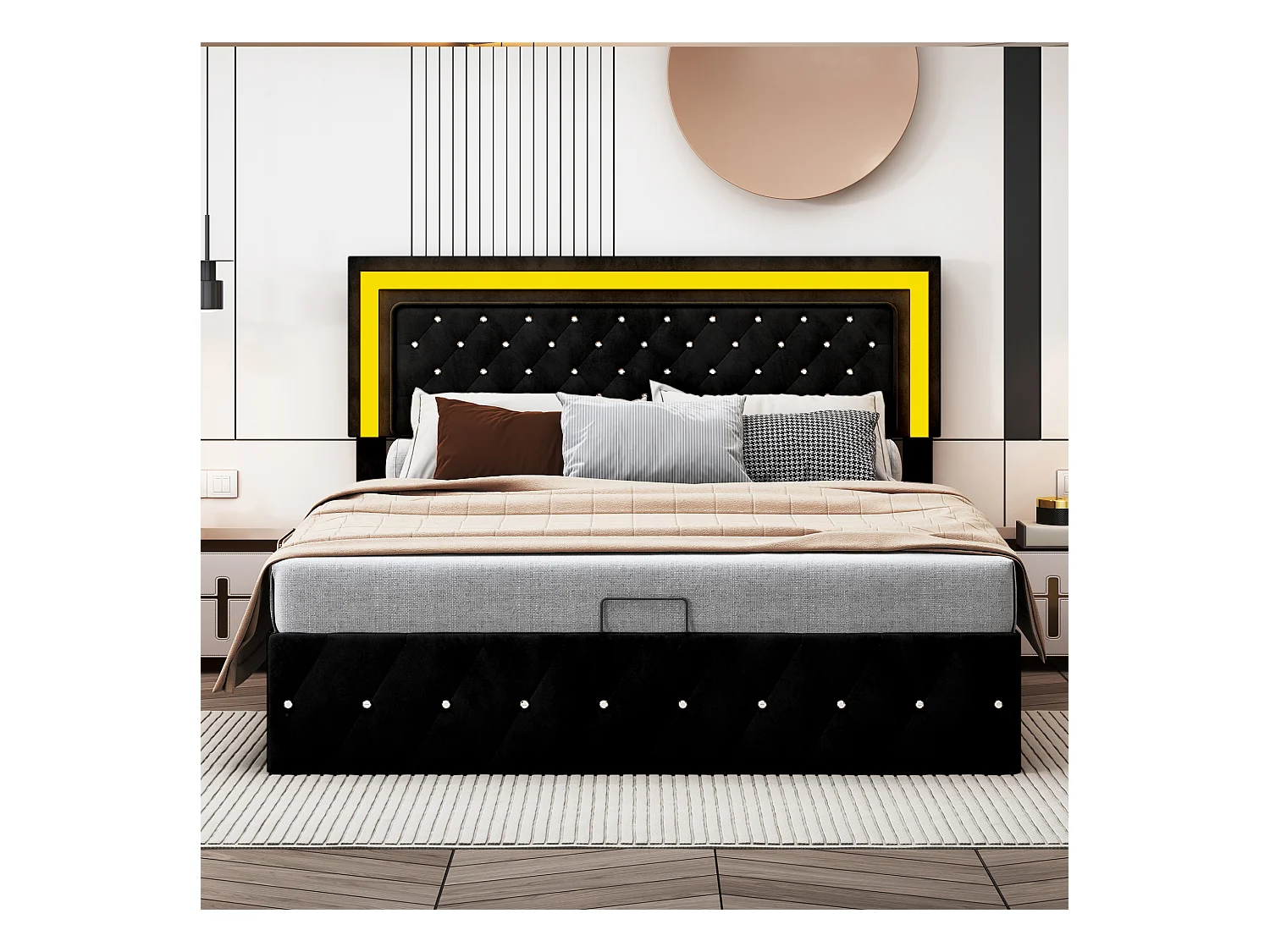 Cama 180 x 200 cm con LED y almacenamiento - cabecero ajustable - Terciopelo - Negro