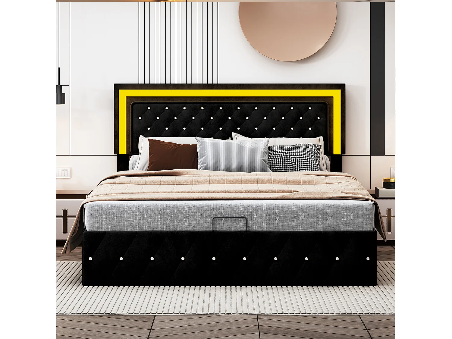 Cama 180 x 200 cm con LED y almacenamiento - cabecero ajustable - Terciopelo - Negro