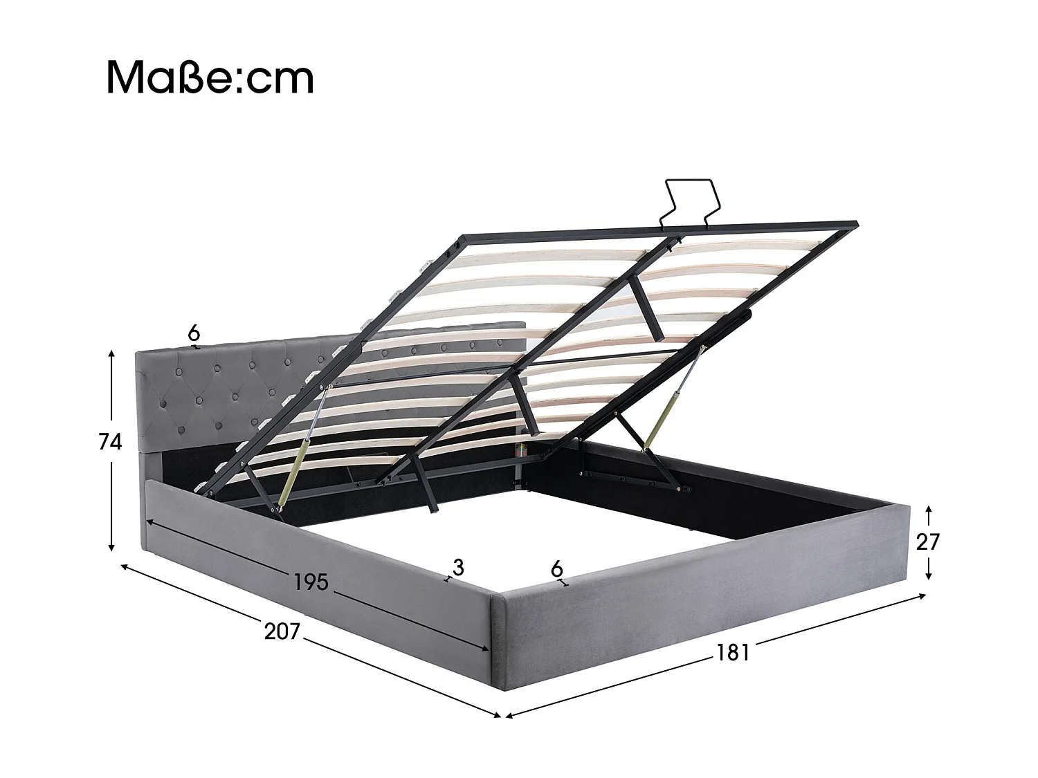 Cama tapizada 180 x 200 cm - Somier metálico - Espacio de almacenamiento hidráulico - Terciopelo - Gris