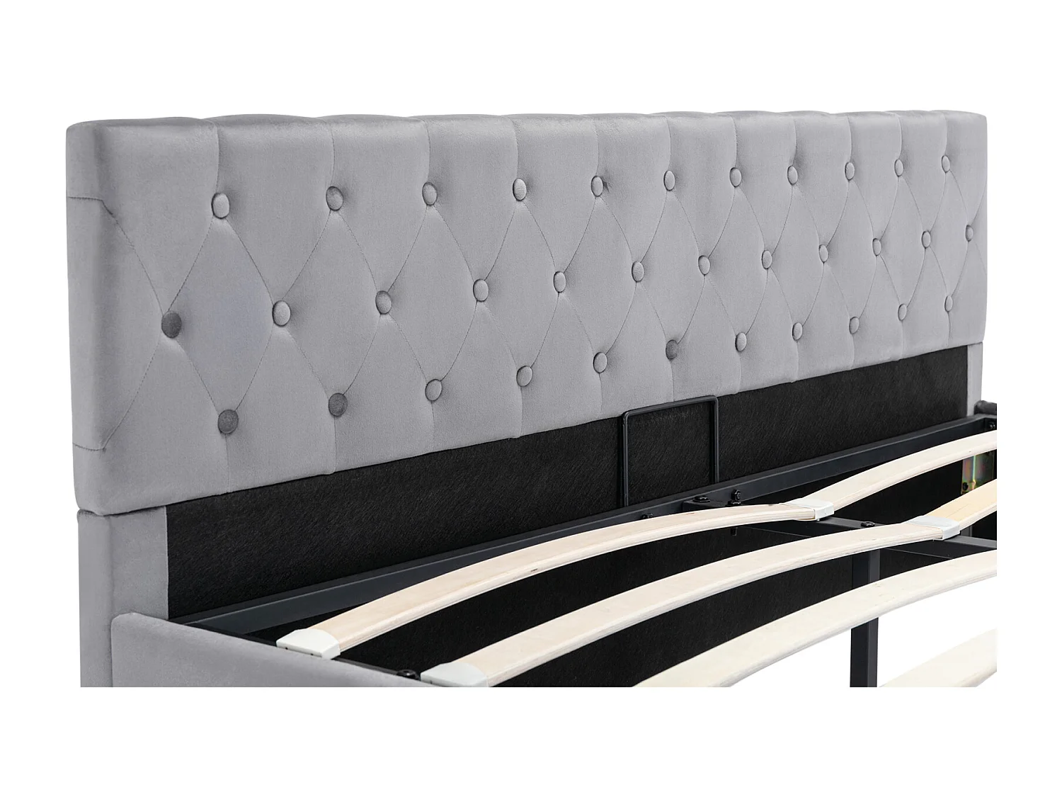 Cama tapizada 180 x 200 cm - Somier metálico - Espacio de almacenamiento hidráulico - Terciopelo - Gris