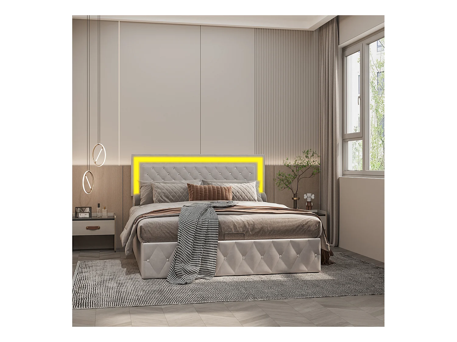 Cama 140 x 200 cm con LED y almacenamiento - cabecero ajustable - Terciopelo - Beige
