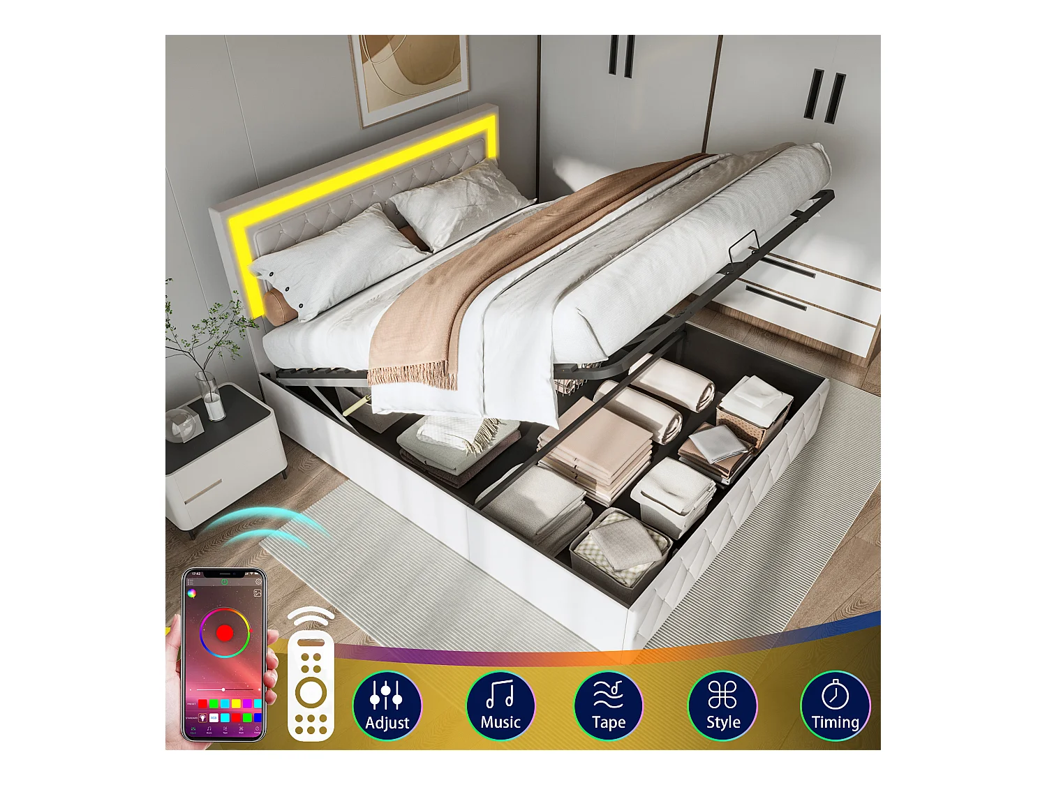 Cama 140 x 200 cm con LED y almacenamiento - cabecero ajustable - Terciopelo - Beige