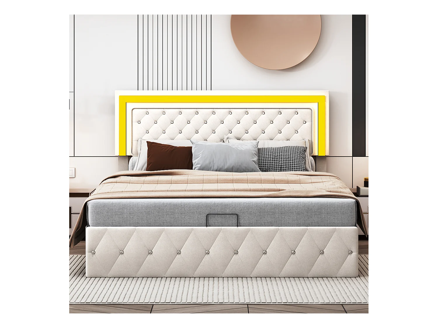 Cama 140 x 200 cm con LED y almacenamiento - cabecero ajustable - Terciopelo - Beige