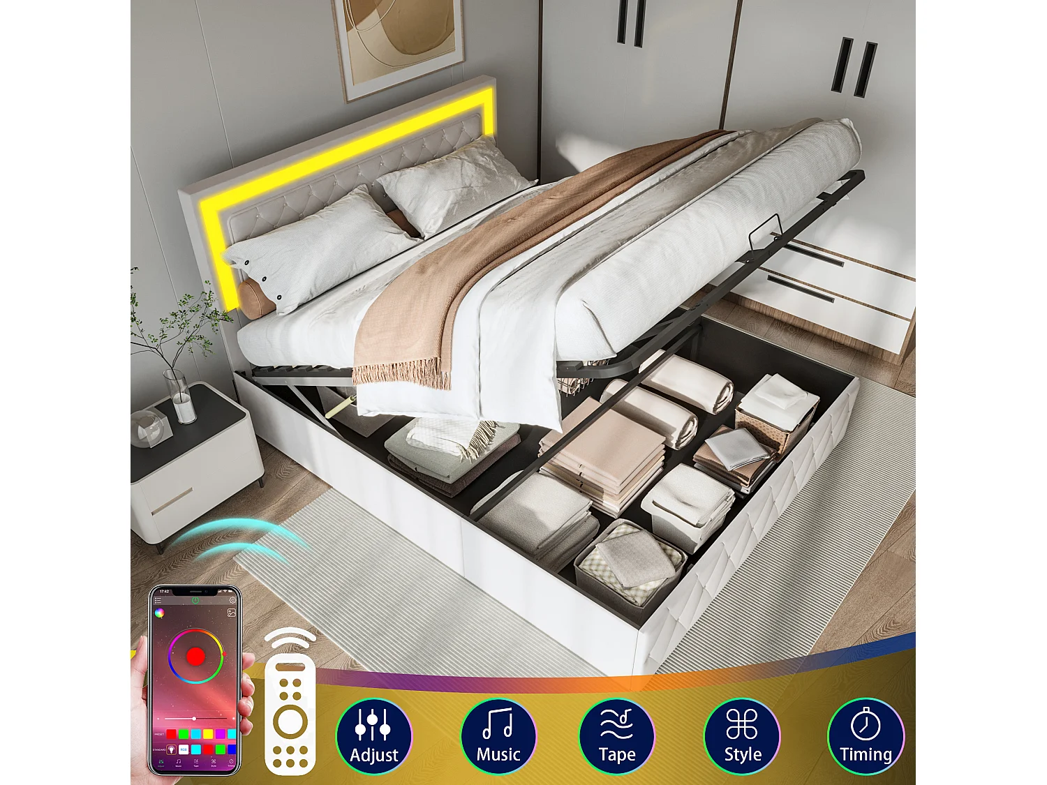 Cama 140 x 200 cm con LED y almacenamiento - cabecero ajustable - Terciopelo - Beige