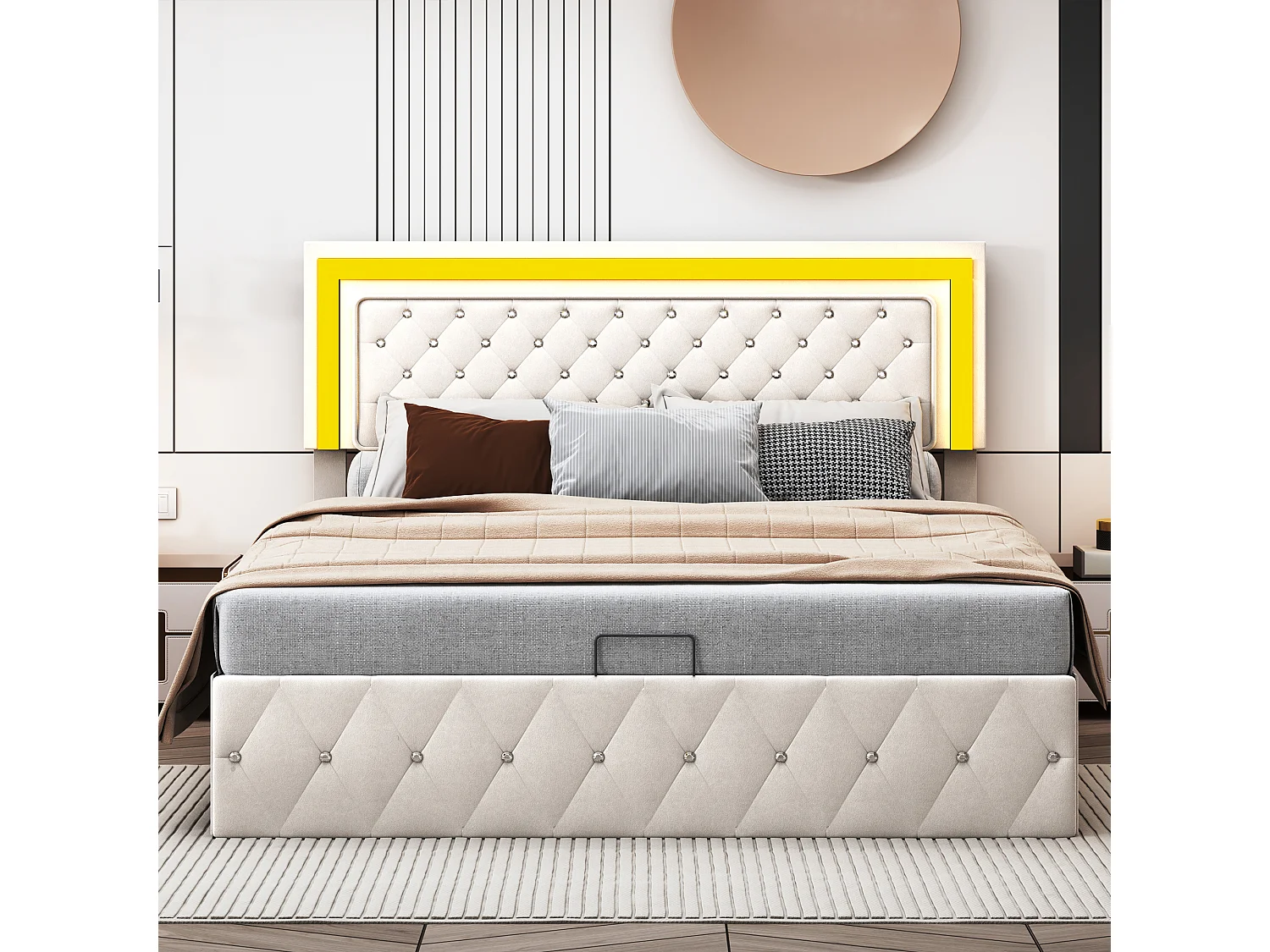 Cama 140 x 200 cm con LED y almacenamiento - cabecero ajustable - Terciopelo - Beige