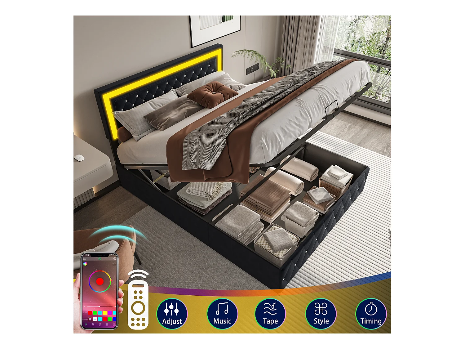 Cama 160 x 200 cm con LED y almacenamiento - cabecero ajustable - Terciopelo - Negro