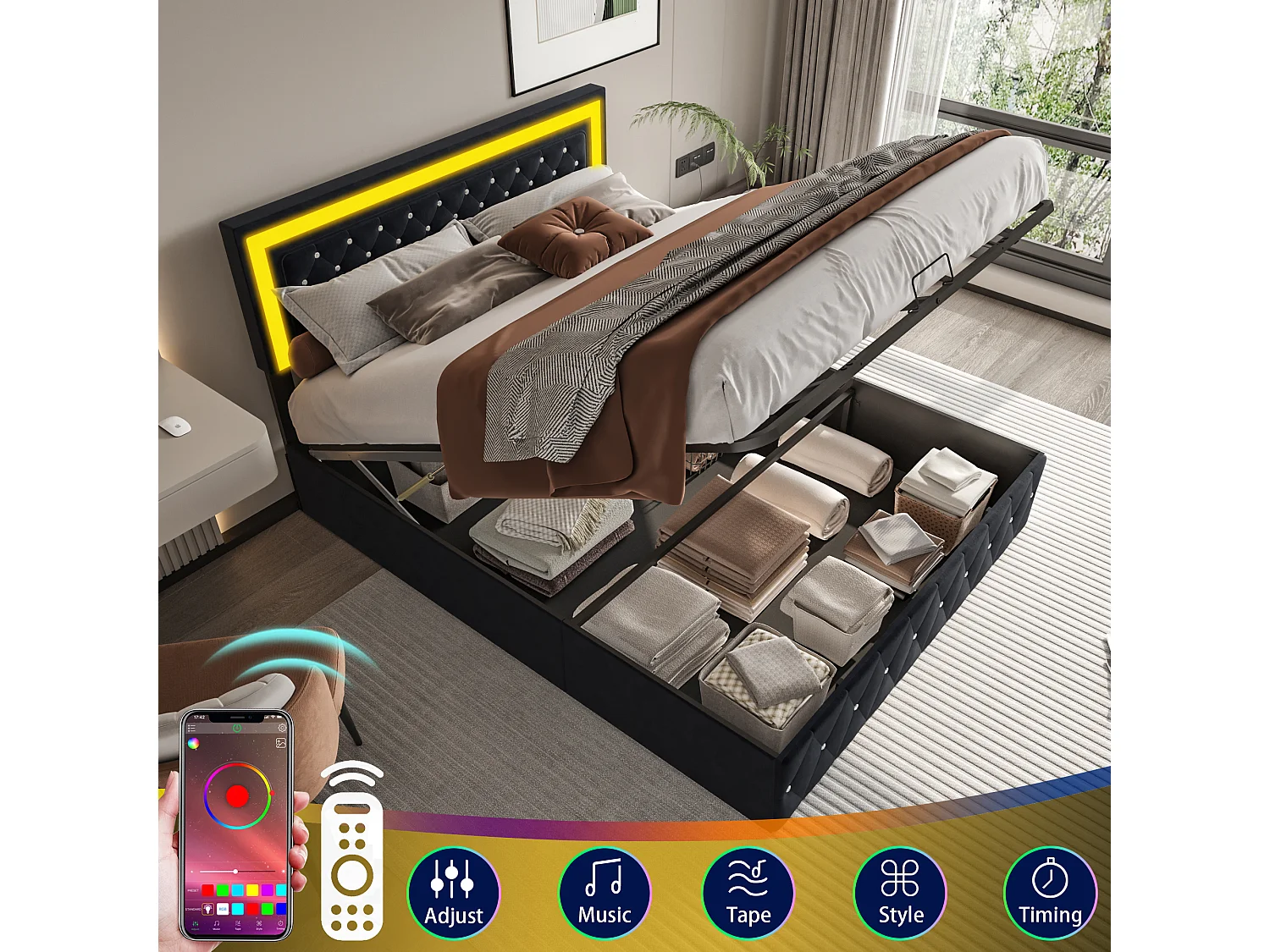 Cama 160 x 200 cm con LED y almacenamiento - cabecero ajustable - Terciopelo - Negro