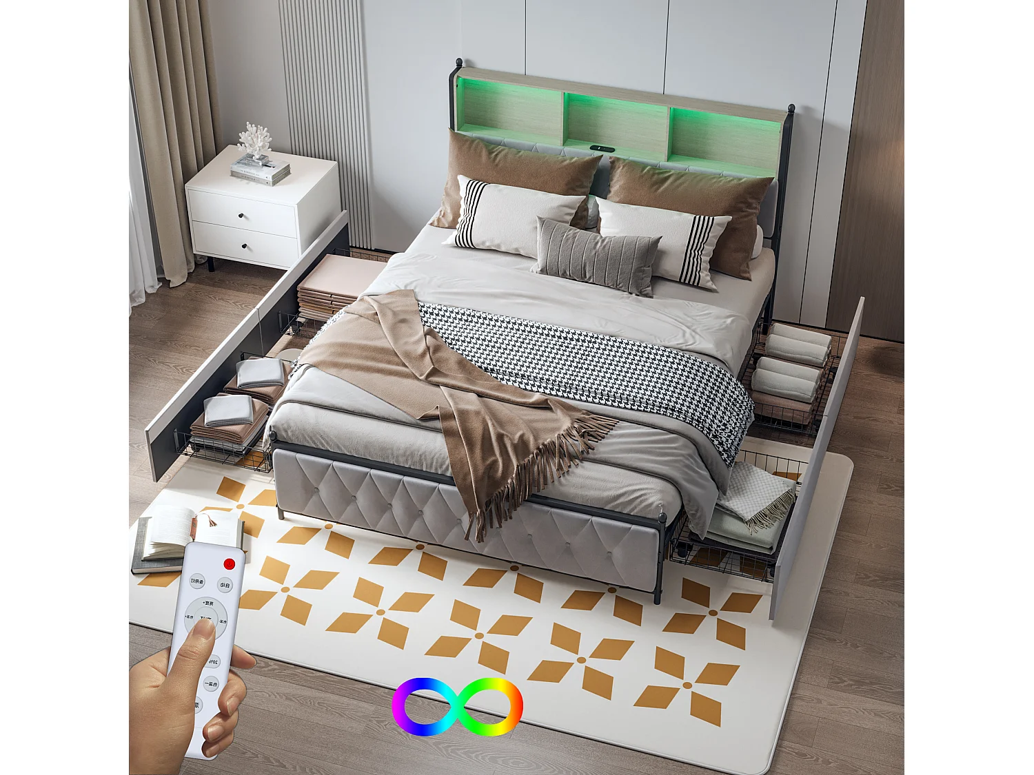 Gepolstertes Erwachsenenbett mit LED und 2 USB-Ladeanschlüssen – 4 Schubladen + Lattenrost – Samtstoff – 140 x 200 cm – Beige