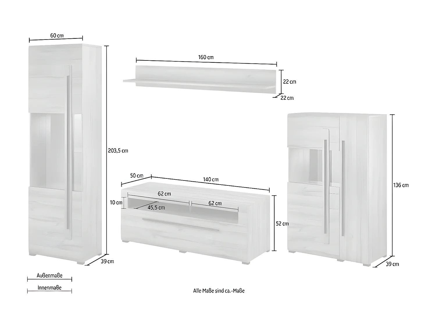 WOHNWAND Tulsa  Eiche Grandson 290 cm / 39 - 50 cm / 204 cm