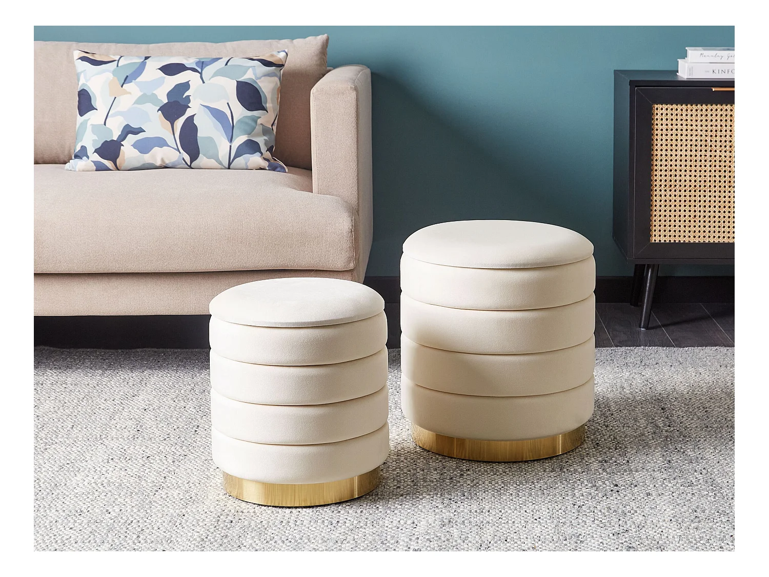 Set van 2 opbergpoefs GARLAND Fluweel Lichtbeige 40/33 cm 40/34 cm 44/38 cm