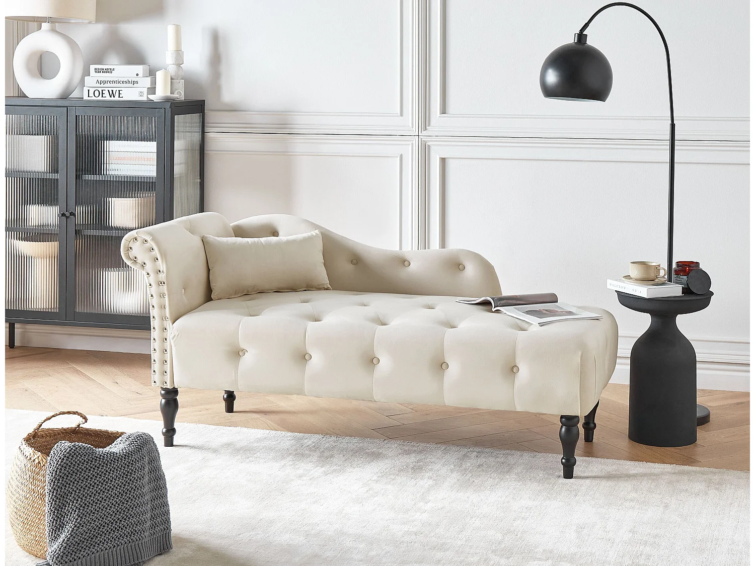 Chaiselongue Samtstoff beige links gesteppt mit Kissen hohe Lehne Retro Ivry