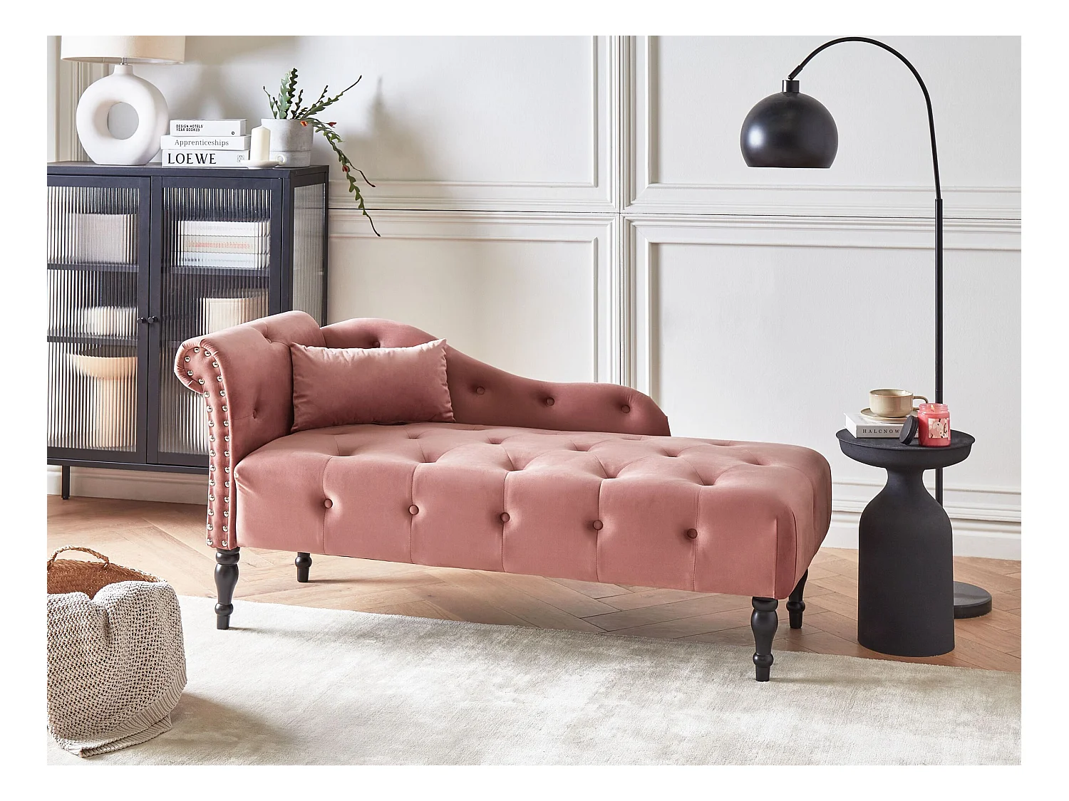 Chaiselongue Samtstoff rosa links gesteppt mit Kissen hohe Lehne Retro-Stil Ivry