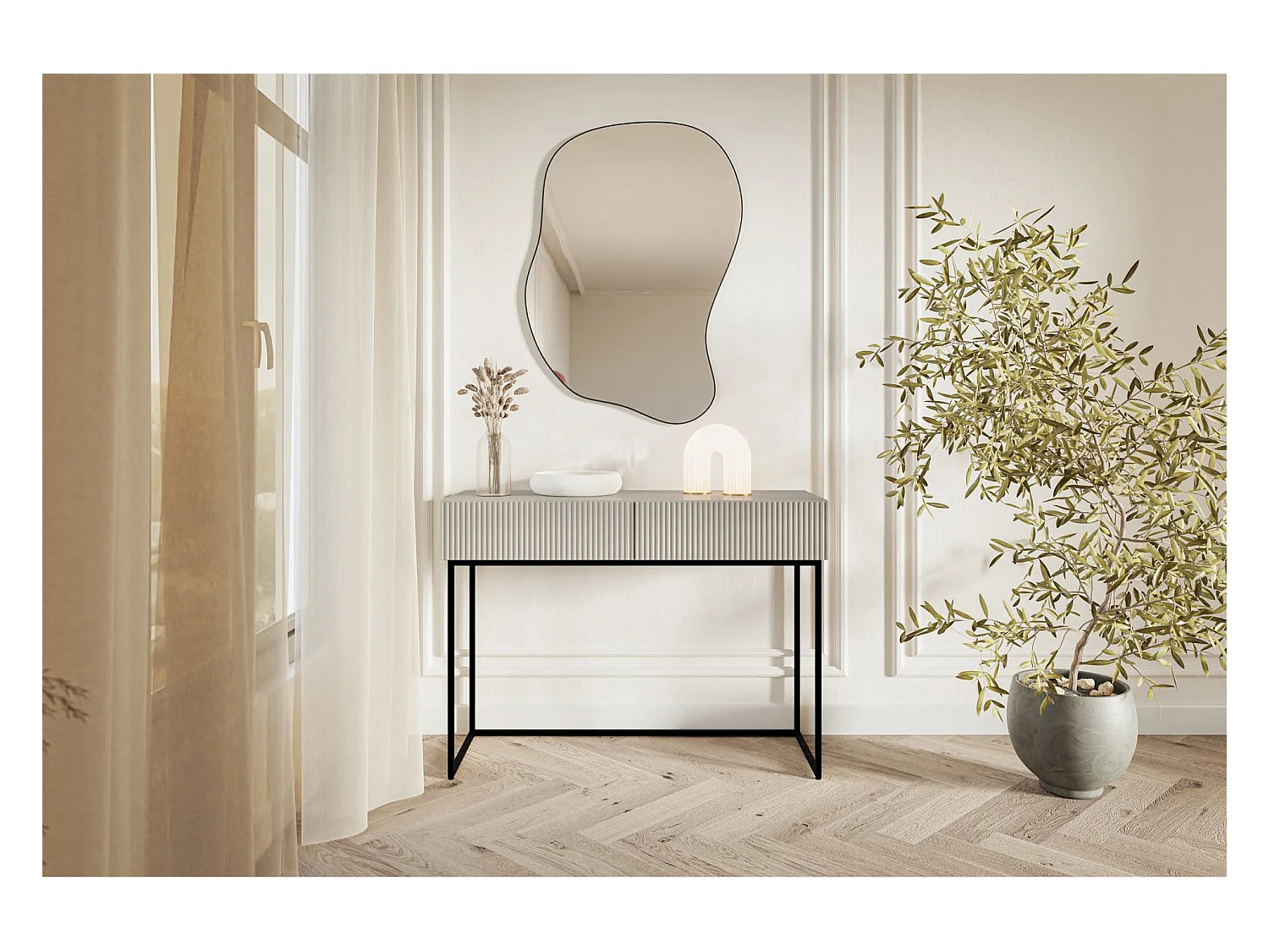 Coiffeuse avec tiroirs - grėge - 110 cm - avec pieds noirs - VELDIO