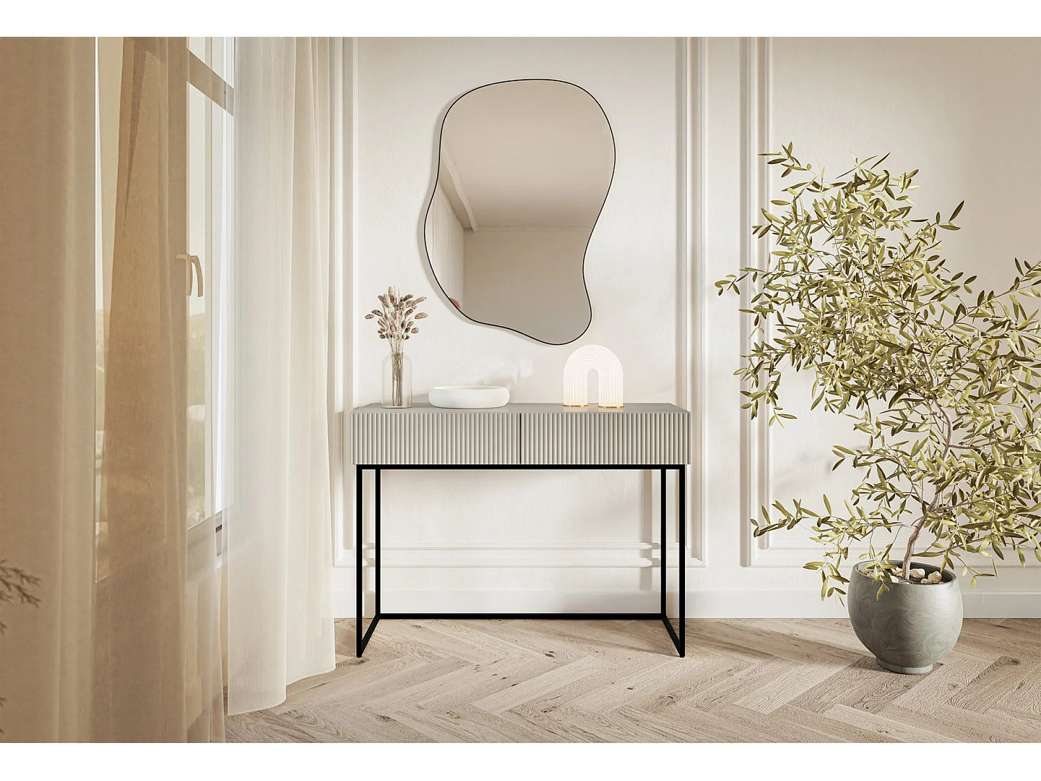 Coiffeuse avec tiroirs - grėge - 110 cm - avec pieds noirs - VELDIO