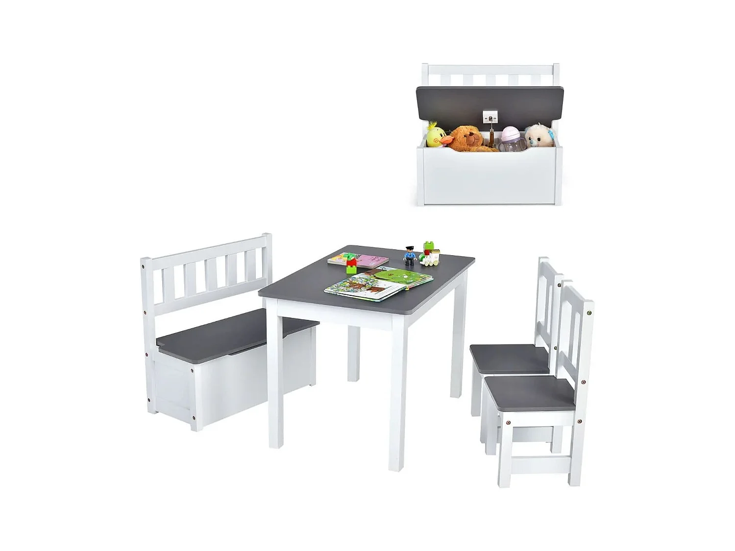 4 teiliges Kindersitzgruppe Holz Sitzgruppe Kinder Kindertischgruppe Grau + Weiß