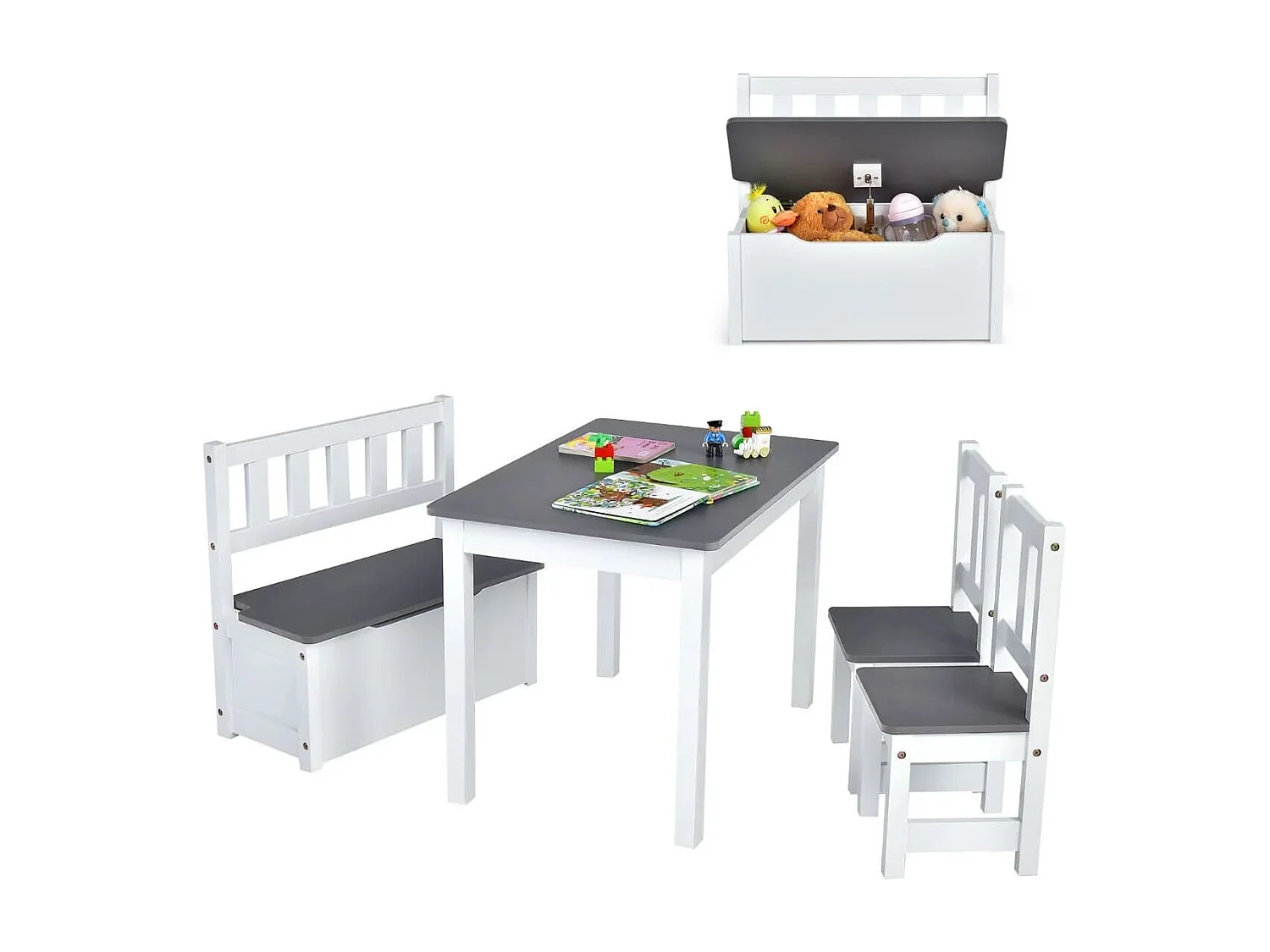 Ensemble de Table et Chaises pour Enfant, avec Table 2 Chaises et Banc de Rangement 2 en 1 pour Étudier et Manger Gris
