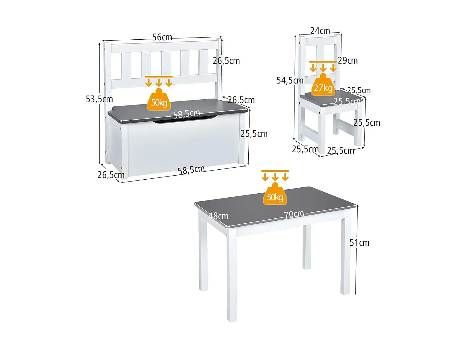 Ensemble de Table et Chaises pour Enfant, avec Table 2 Chaises et Banc de Rangement 2 en 1 pour Étudier et Manger Gris