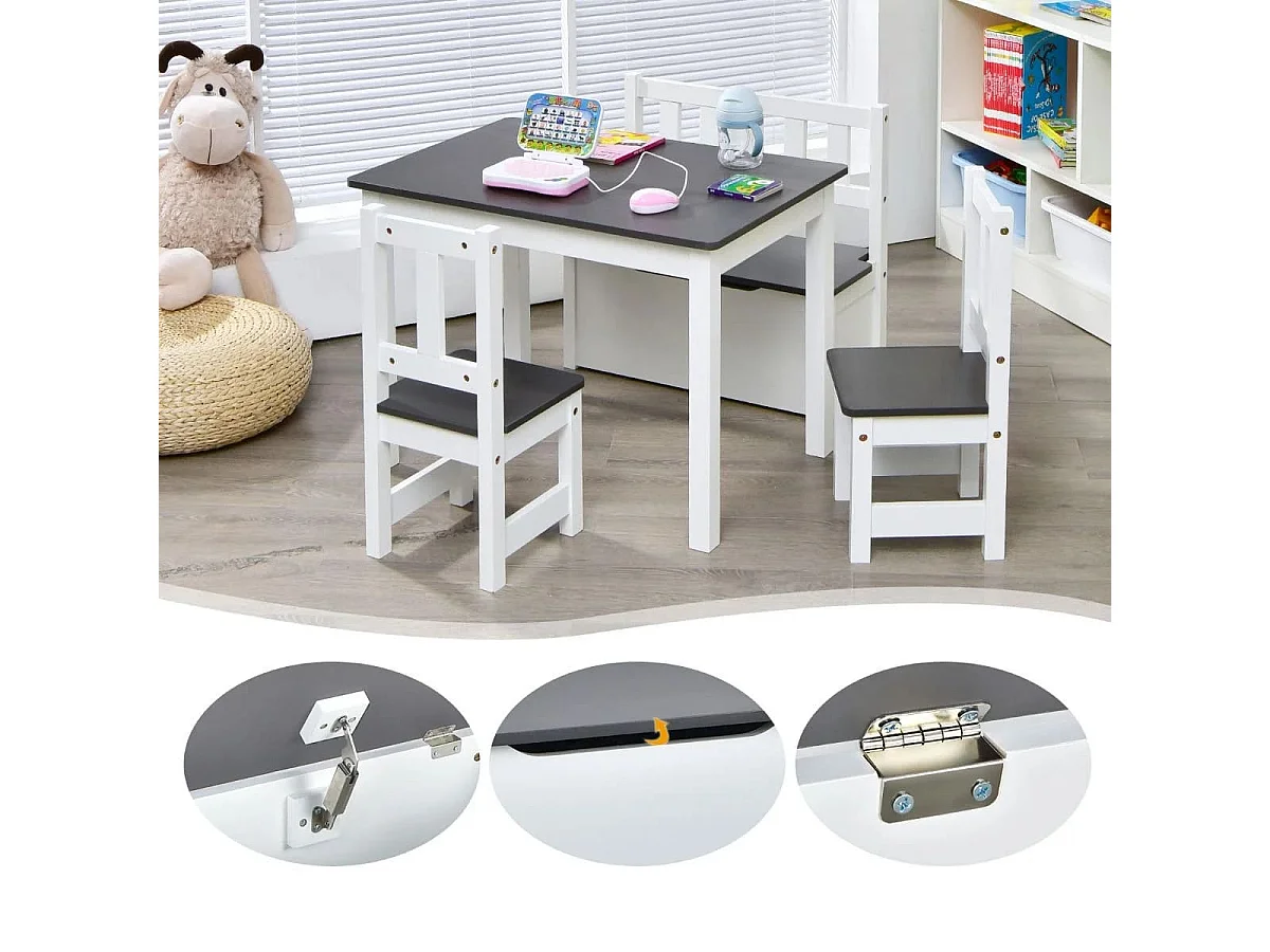 Ensemble de Table et Chaises pour Enfant, avec Table 2 Chaises et Banc de Rangement 2 en 1 pour Étudier et Manger Gris