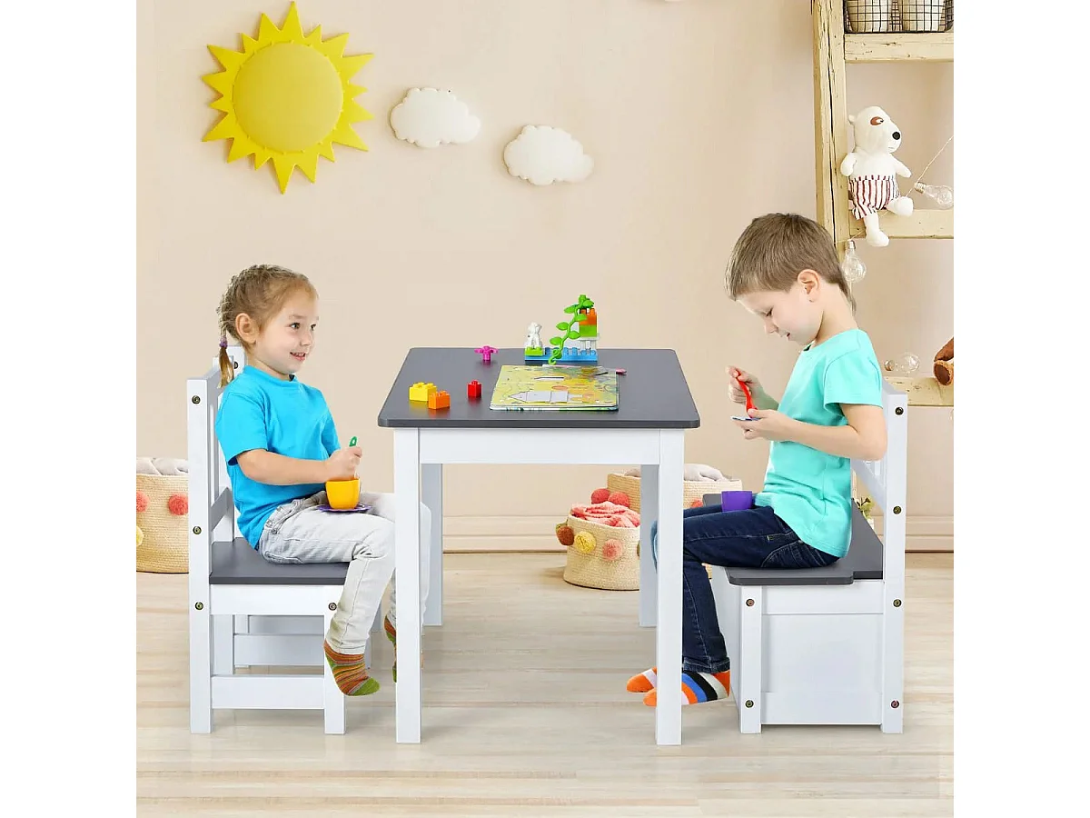 Ensemble de Table et Chaises pour Enfant, avec Table 2 Chaises et Banc de Rangement 2 en 1 pour Étudier et Manger Gris