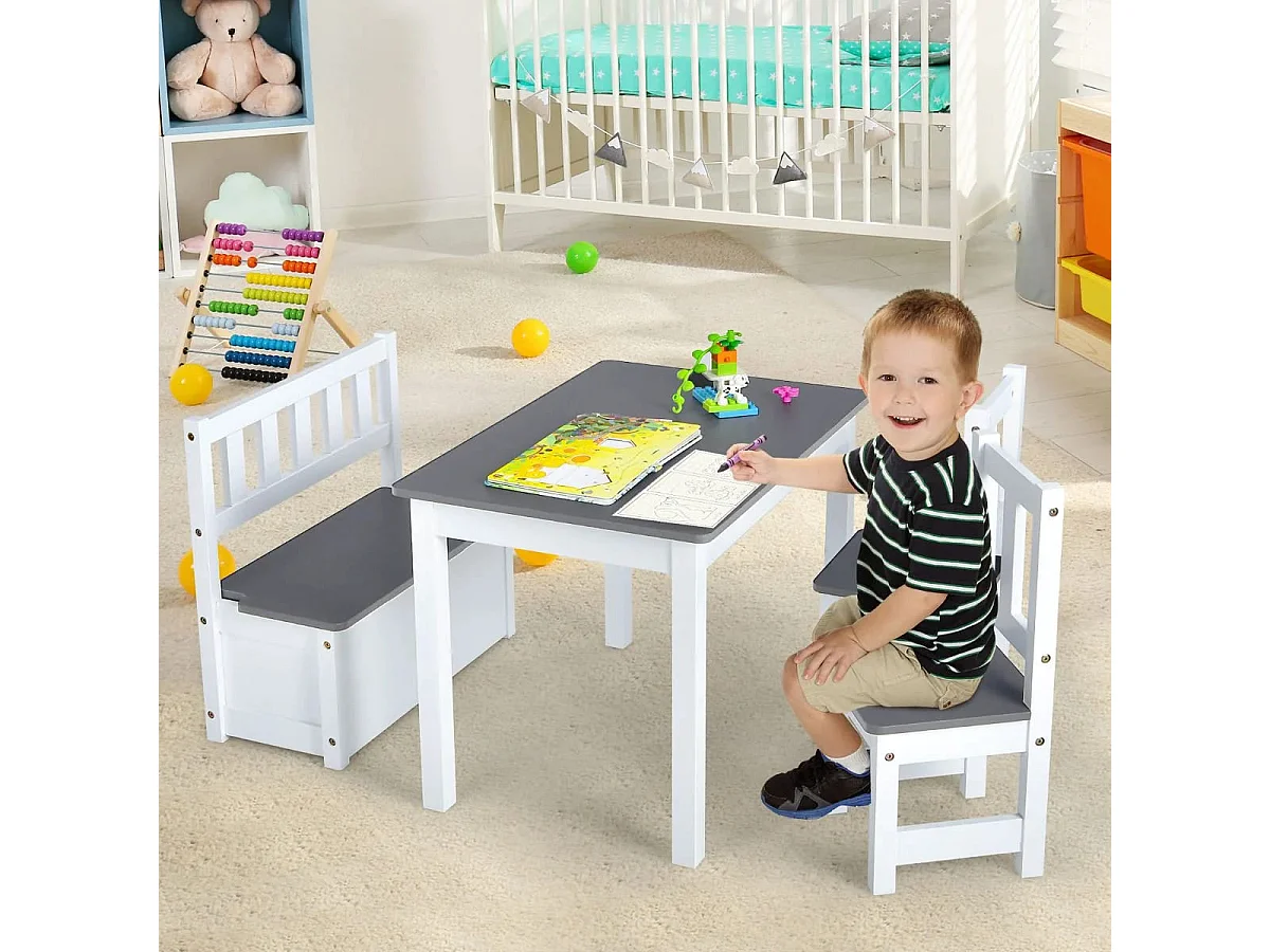 Ensemble de Table et Chaises pour Enfant, avec Table 2 Chaises et Banc de Rangement 2 en 1 pour Étudier et Manger Gris