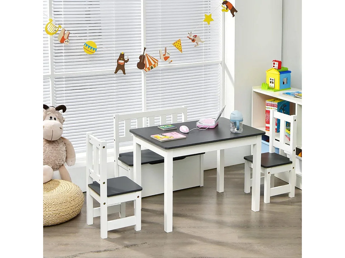 Ensemble de Table et Chaises pour Enfant, avec Table 2 Chaises et Banc de Rangement 2 en 1 pour Étudier et Manger Gris