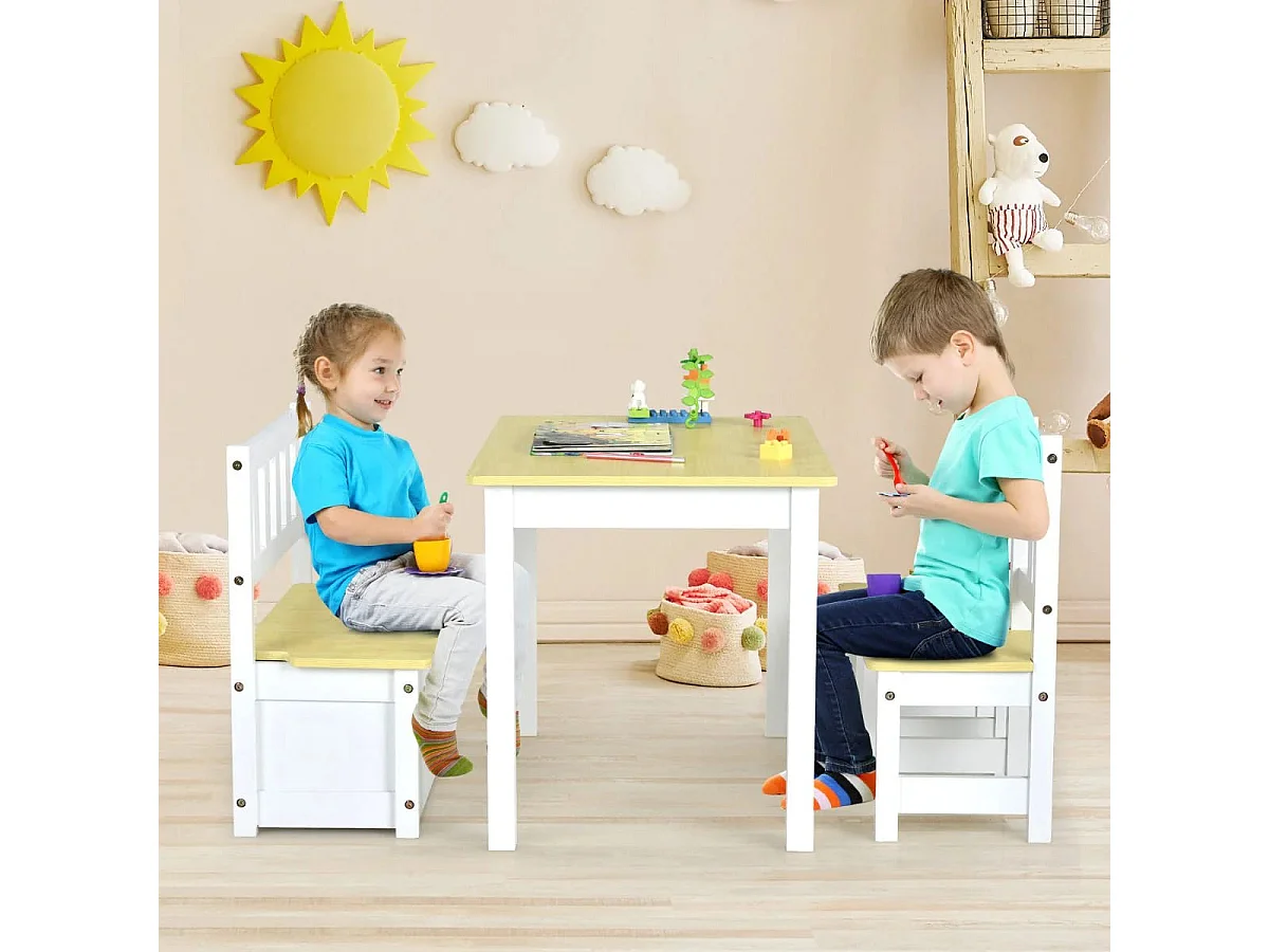 4-teiliges Tisch- und Stuhl-Set für Kinder 2 in 1 Set aus Holz für Kleinkinder Natur + Weiß