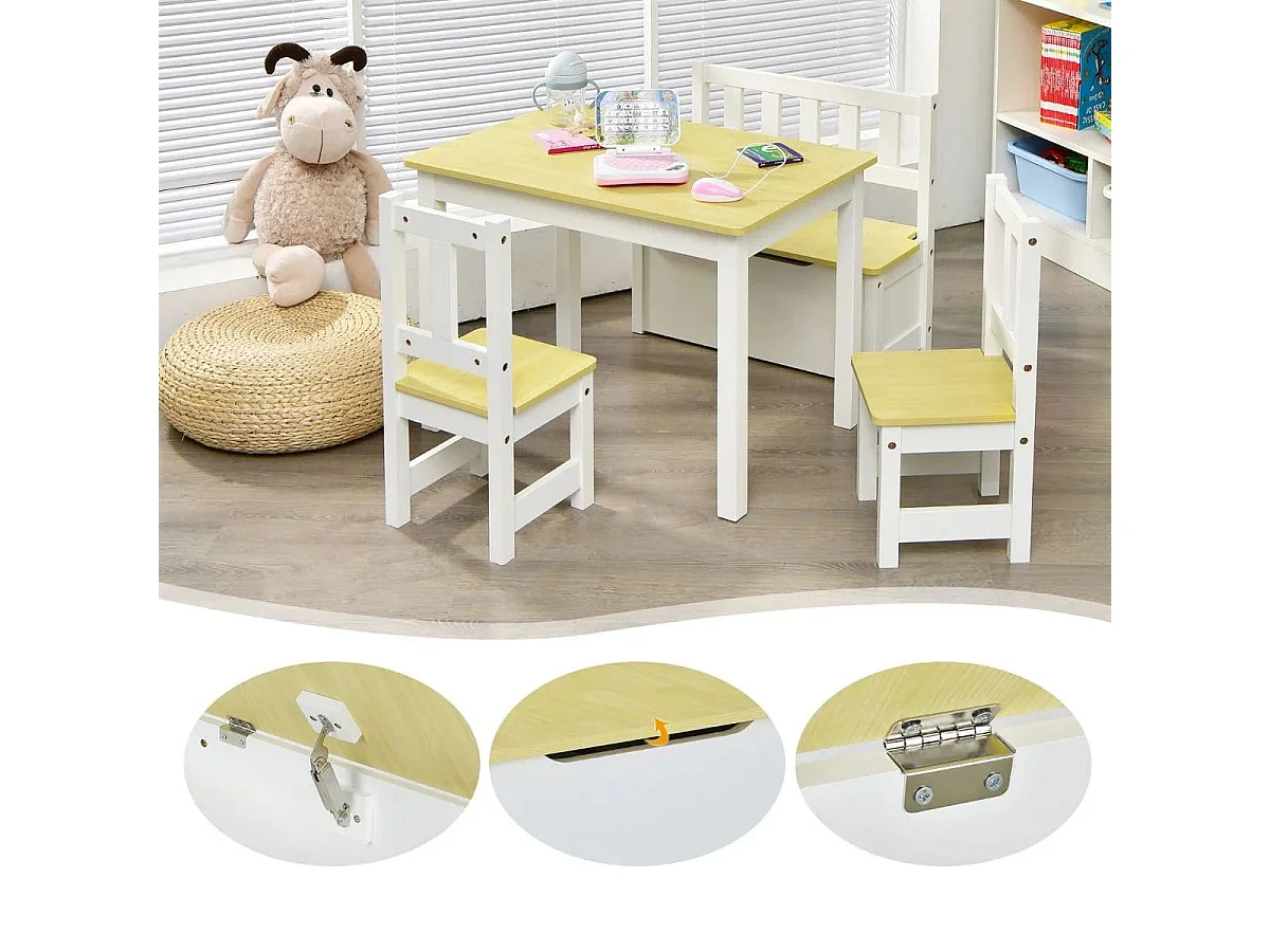 Ensemble de Table et Chaises pour Enfant avec Table 2 Chaises et Banc de Rangement 2 en 1 pour Étudier et Manger Naturel