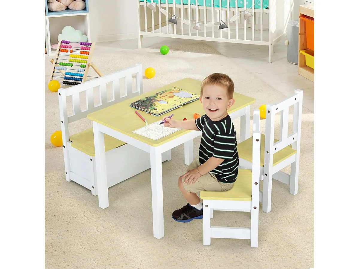 Ensemble de Table et Chaises pour Enfant avec Table 2 Chaises et Banc de Rangement 2 en 1 pour Étudier et Manger Naturel