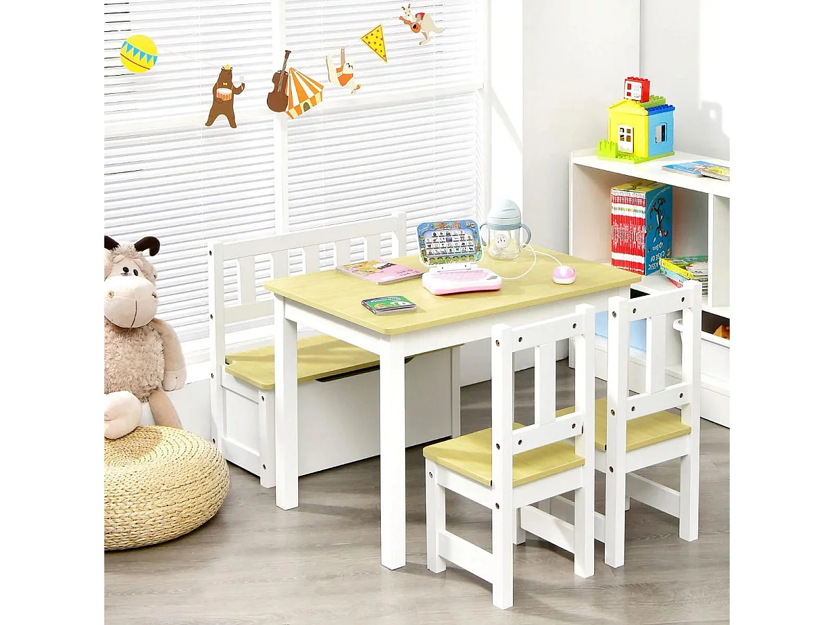 Ensemble de Table et Chaises pour Enfant avec Table 2 Chaises et Banc de Rangement 2 en 1 pour Étudier et Manger Naturel