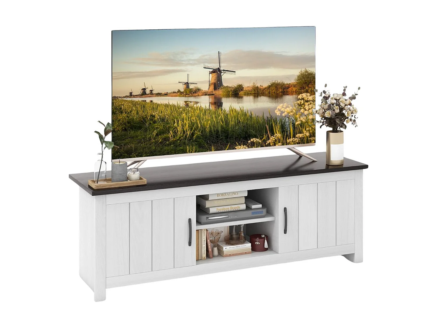 TV-Ständer mit 2 Türen & 2 Schränken & Offenen Regalen Fernsehtisch für Fernseher bis 65" Dunkelgrau