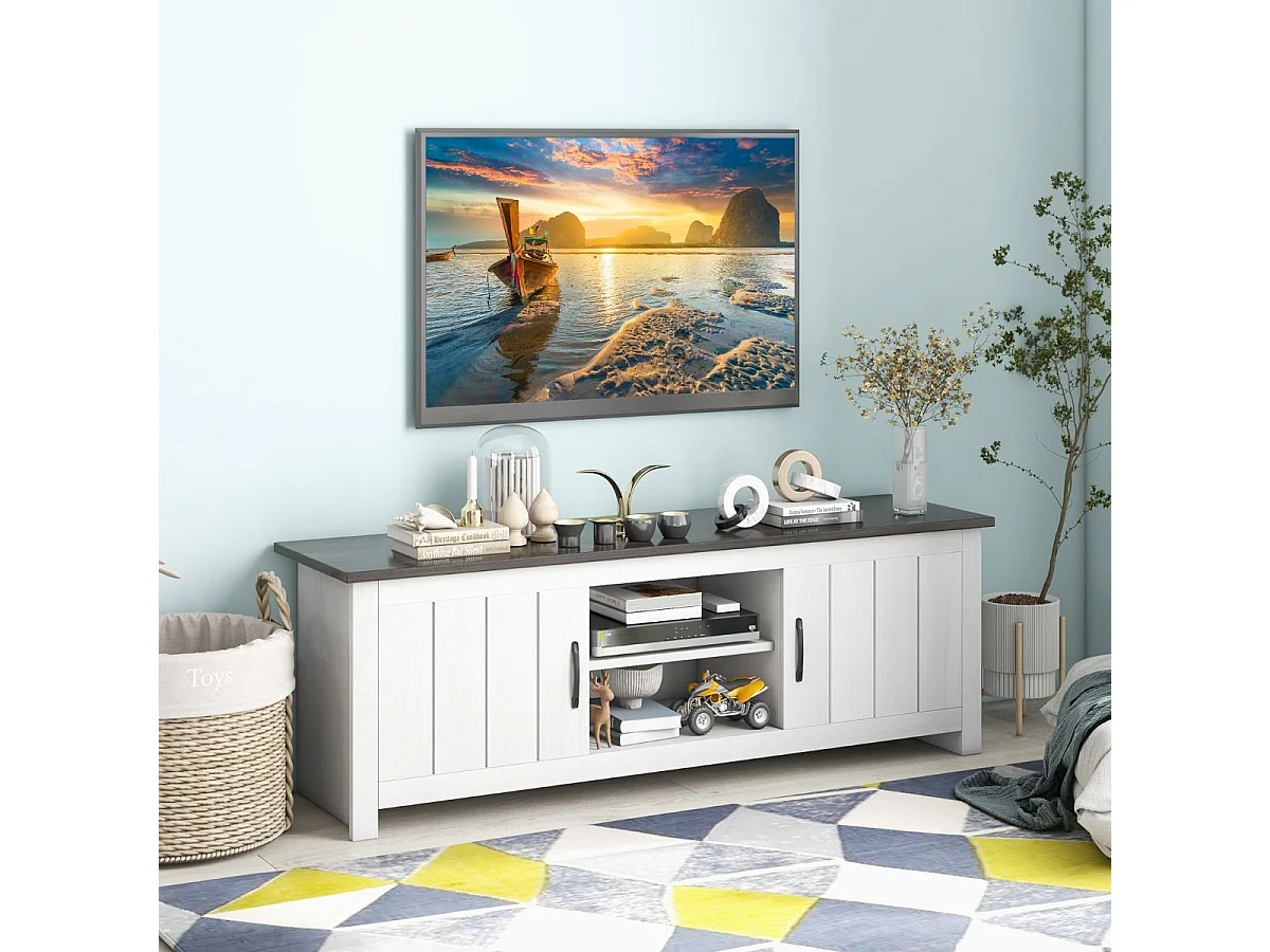 TV-Ständer mit 2 Türen & 2 Schränken & Offenen Regalen Fernsehtisch für Fernseher bis 65" Dunkelgrau