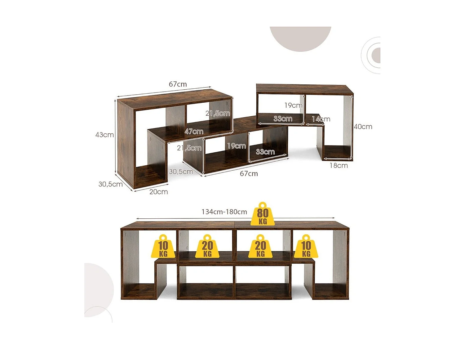 3-teiliger Fernsehschrank aus Holz für TVs bis zu 65" Frei Kombinierbarer Fernsehtisch Braun