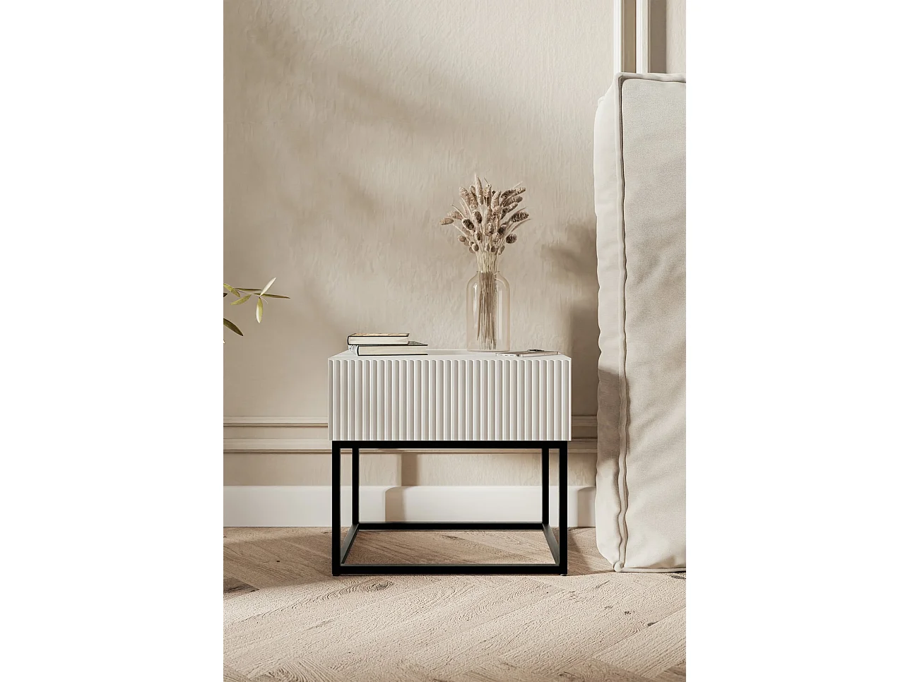 Mesita de noche - 50 cm - con patas negras - blanca - VELDIO