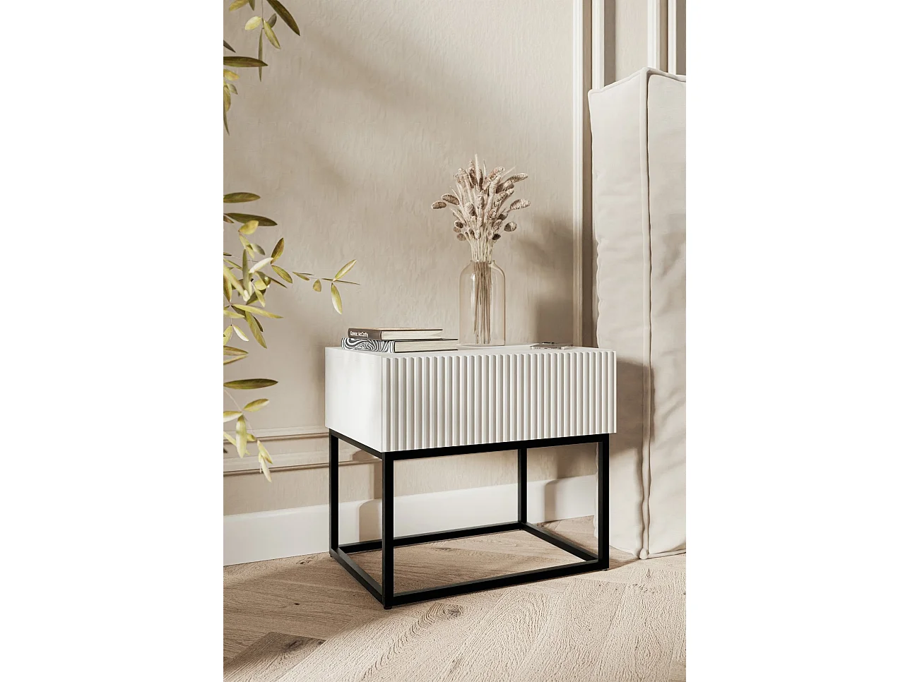 Table de chevet - 50 cm blanc avec pieds noirs - VELDIO