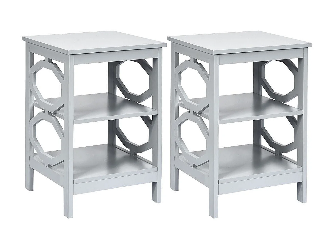 2er Set Nachttisch OO-förmiger Beistelltisch mit 3 Ebenen Couchtisch 40 x 40 x 61 cm Grau