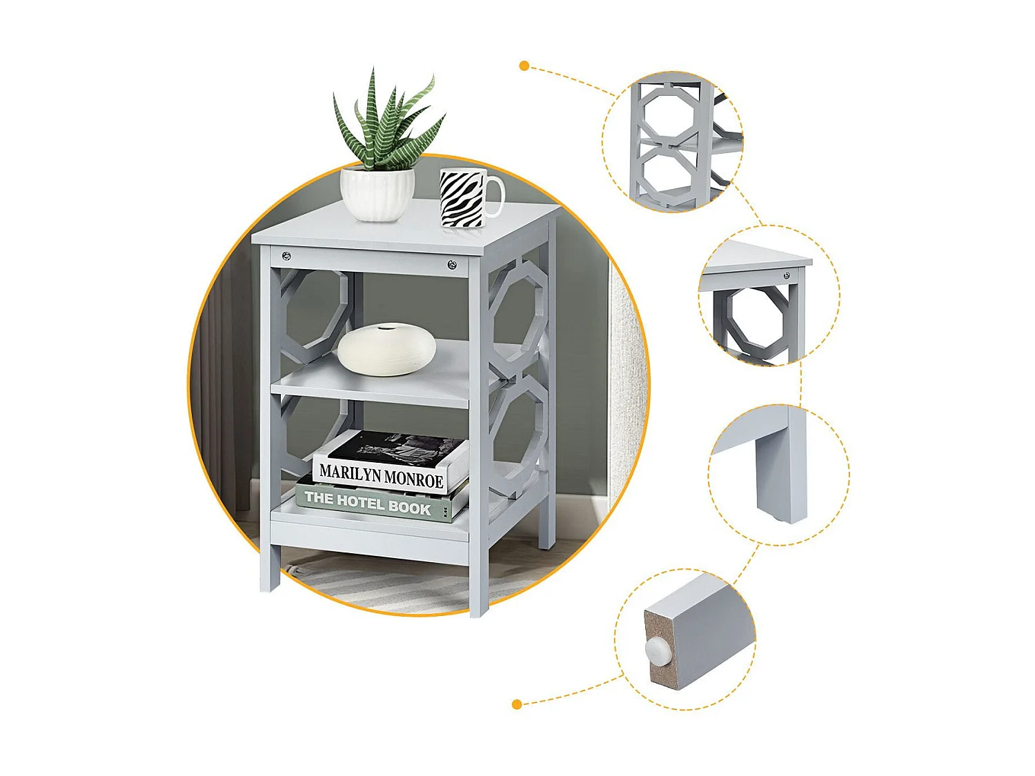 2er Set Nachttisch OO-förmiger Beistelltisch mit 3 Ebenen Couchtisch 40 x 40 x 61 cm Grau