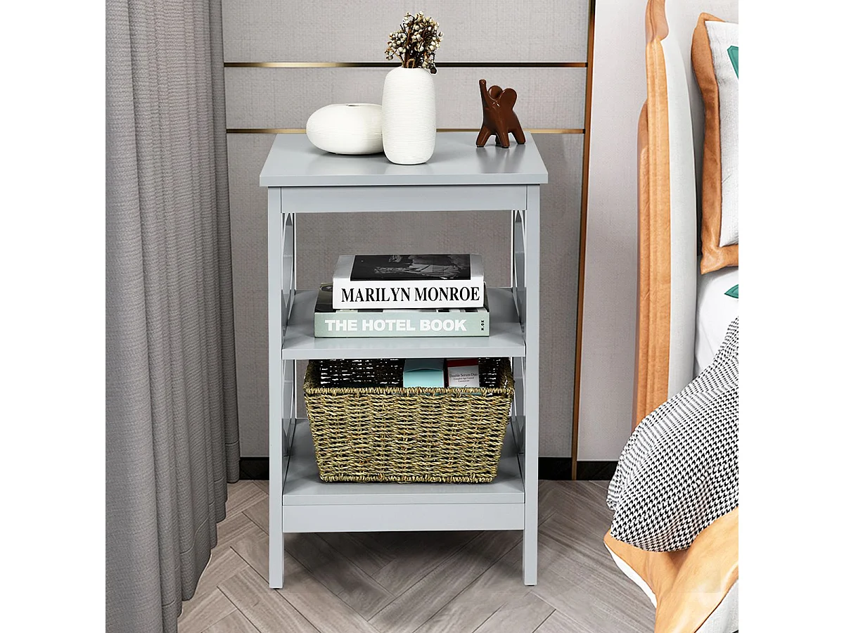 2er Set Nachttisch OO-förmiger Beistelltisch mit 3 Ebenen Couchtisch 40 x 40 x 61 cm Grau