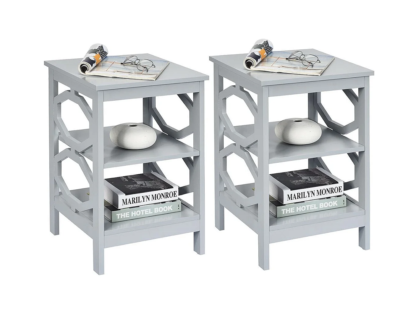 Lot de 2 Tables de Chevet à 3 Niveaux Table d'Appoint en forme O Simple et Contemporain 40x40x61cm Gris