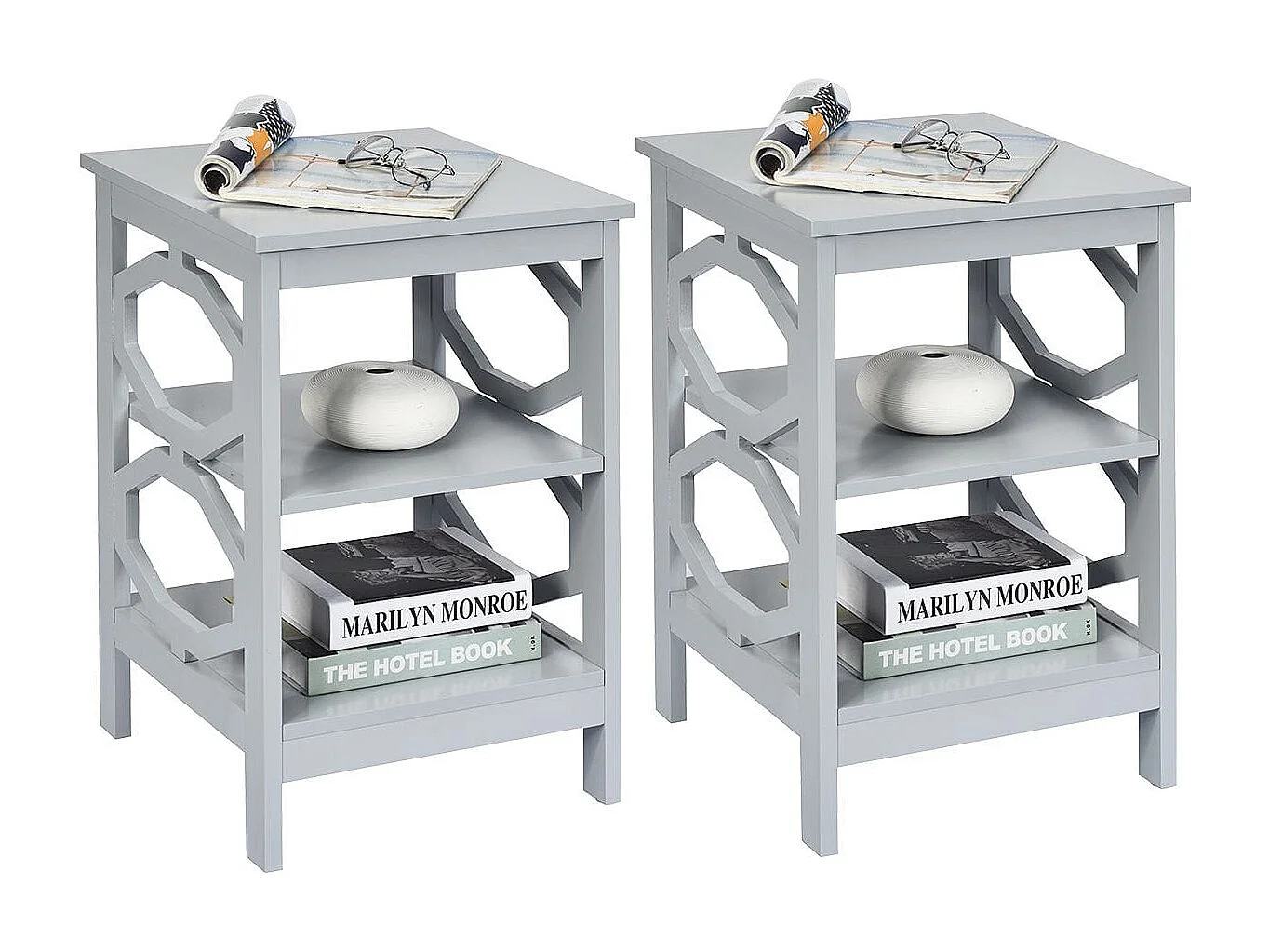 2er Set Nachttisch OO-förmiger Beistelltisch mit 3 Ebenen Couchtisch 40 x 40 x 61 cm Grau