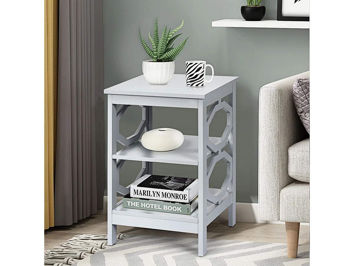 2er Set Nachttisch OO-förmiger Beistelltisch mit 3 Ebenen Couchtisch 40 x 40 x 61 cm Grau