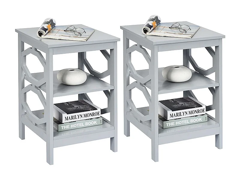 2er Set Nachttisch OO-förmiger Beistelltisch mit 3 Ebenen Couchtisch 40 x 40 x 61 cm Grau