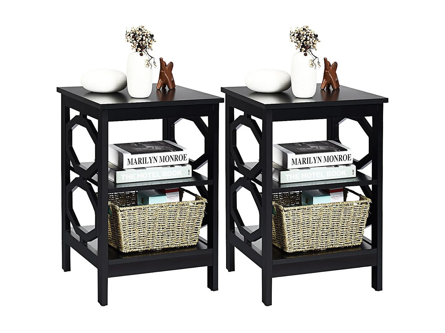 2er Set Nachttisch OO-förmiger Beistelltisch mit 3 Ebenen Couchtisch 40 x 40 x 61 cm Schwarz