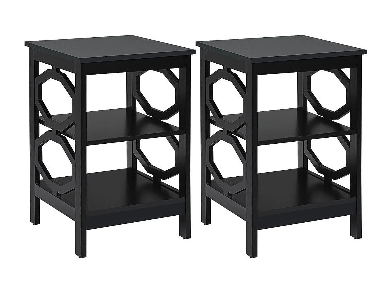 Set di 2 comodini multiusi a 3 livelli con decorazione a forma di omega, Tavolini laterali di legno stabile Nero