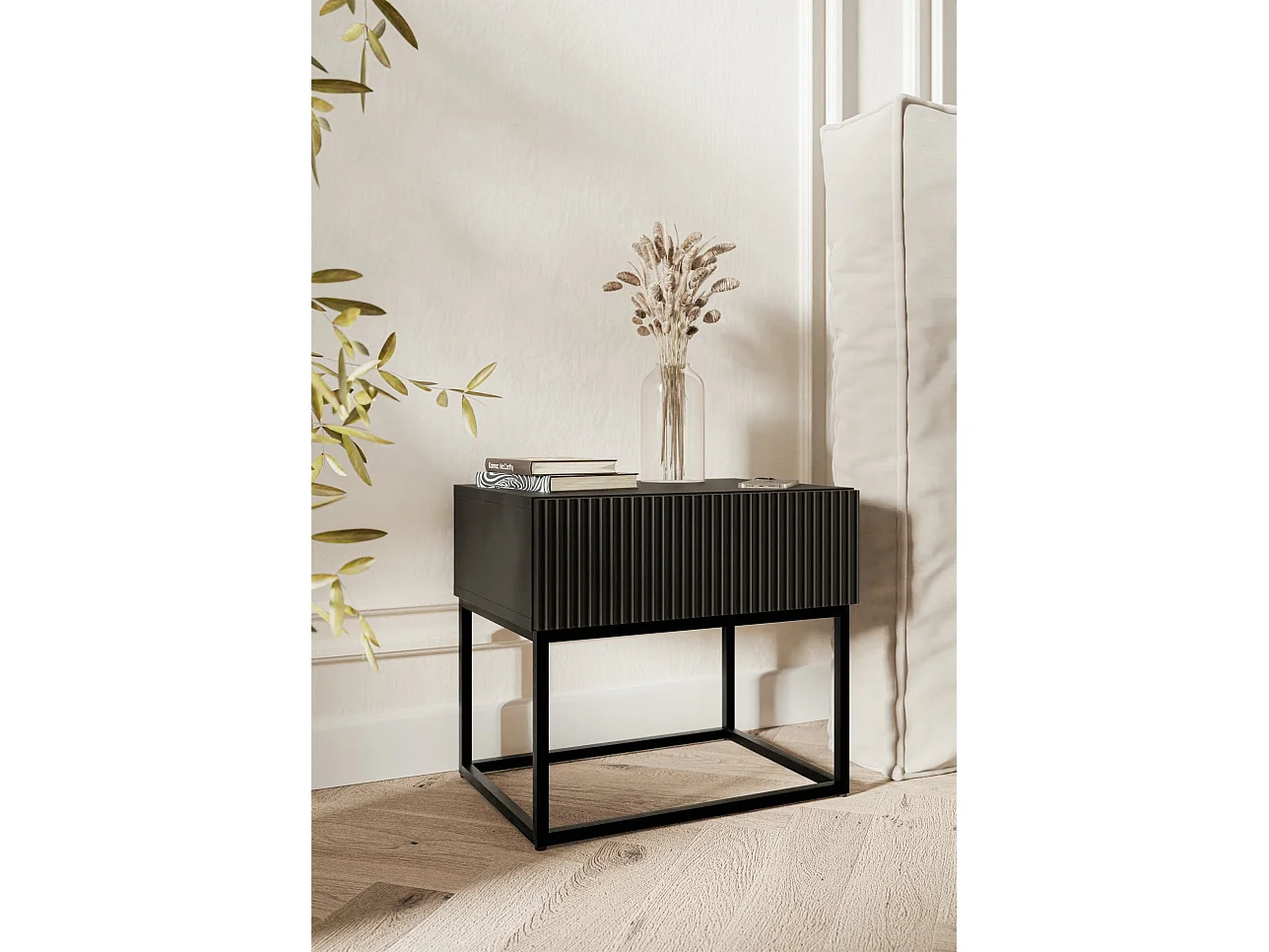 Table de chevet - 50 cm - noir avec pieds noirs - VELDIO