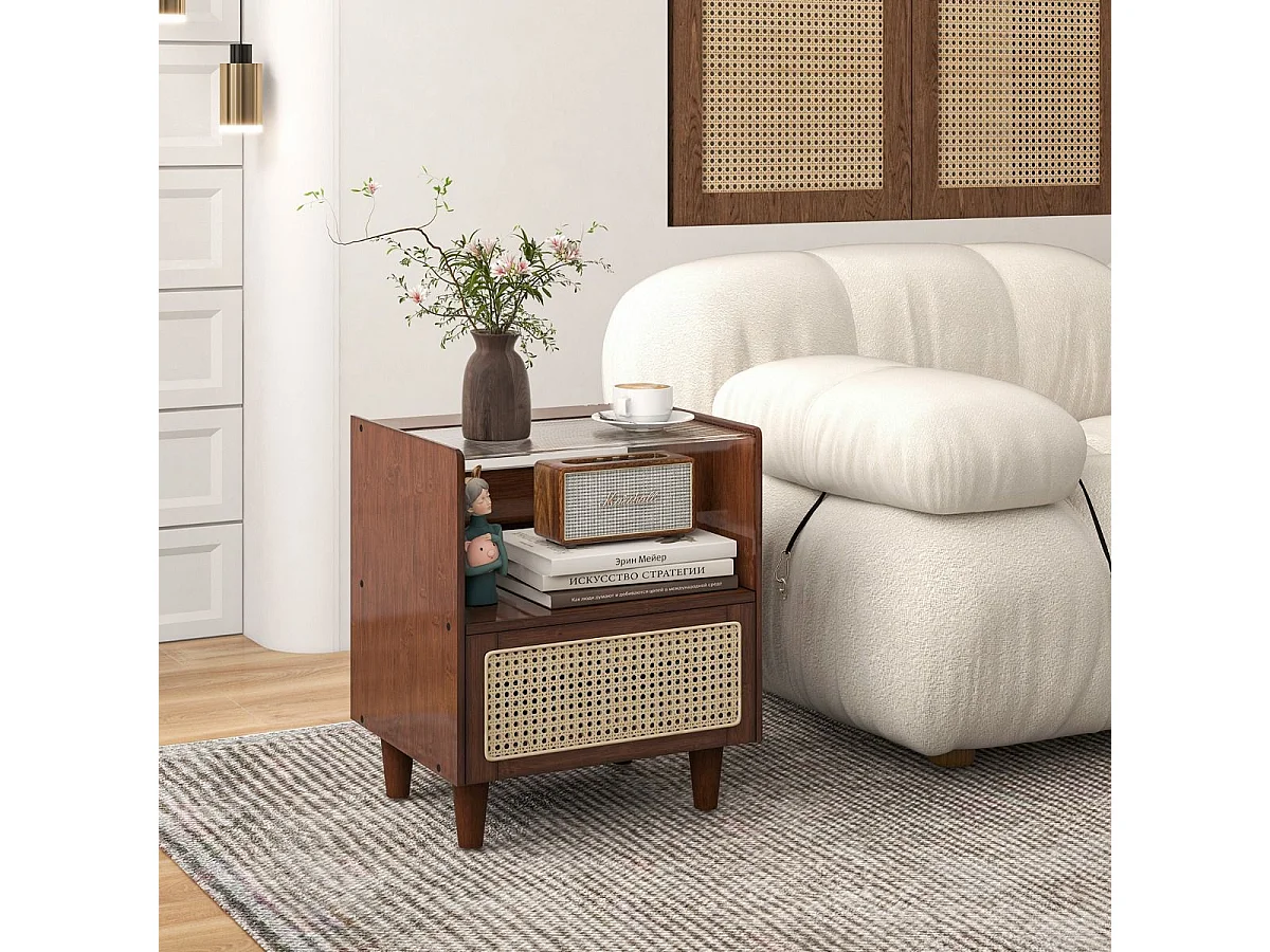 2 Nachttisch aus Bambus & Rattan mit Schublade und Beinen aus Massivholz Beistelltisch mit verstecktem Stauraum Braun